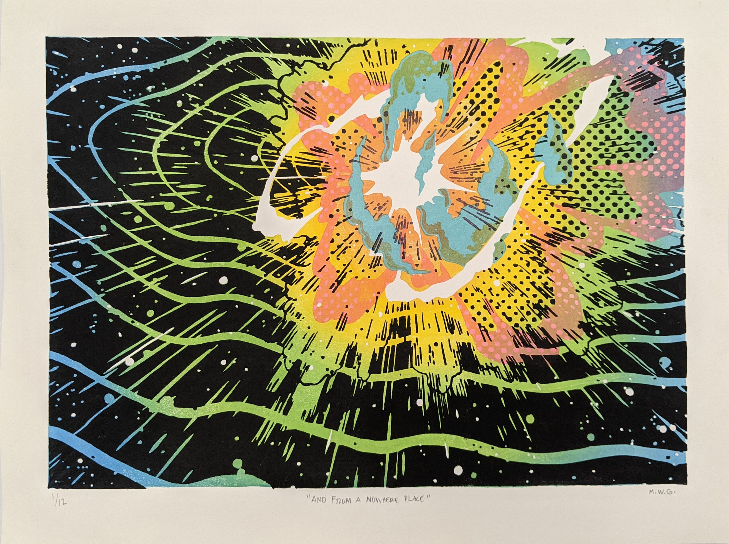 "And From a Nowhere Space" A water-based wood block print of a colorful, graphic cosmic explosion.
