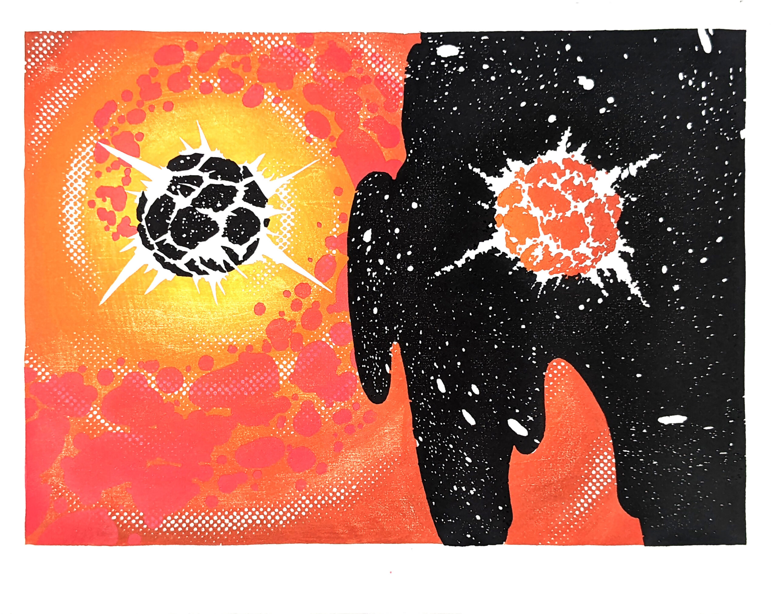 "The Entangled Fates of the Universe" Mokuhanga (water based wood block print). Two exploding celestial bodies roughly split the composition between warm, bright colors and a cool, b&w starscape.