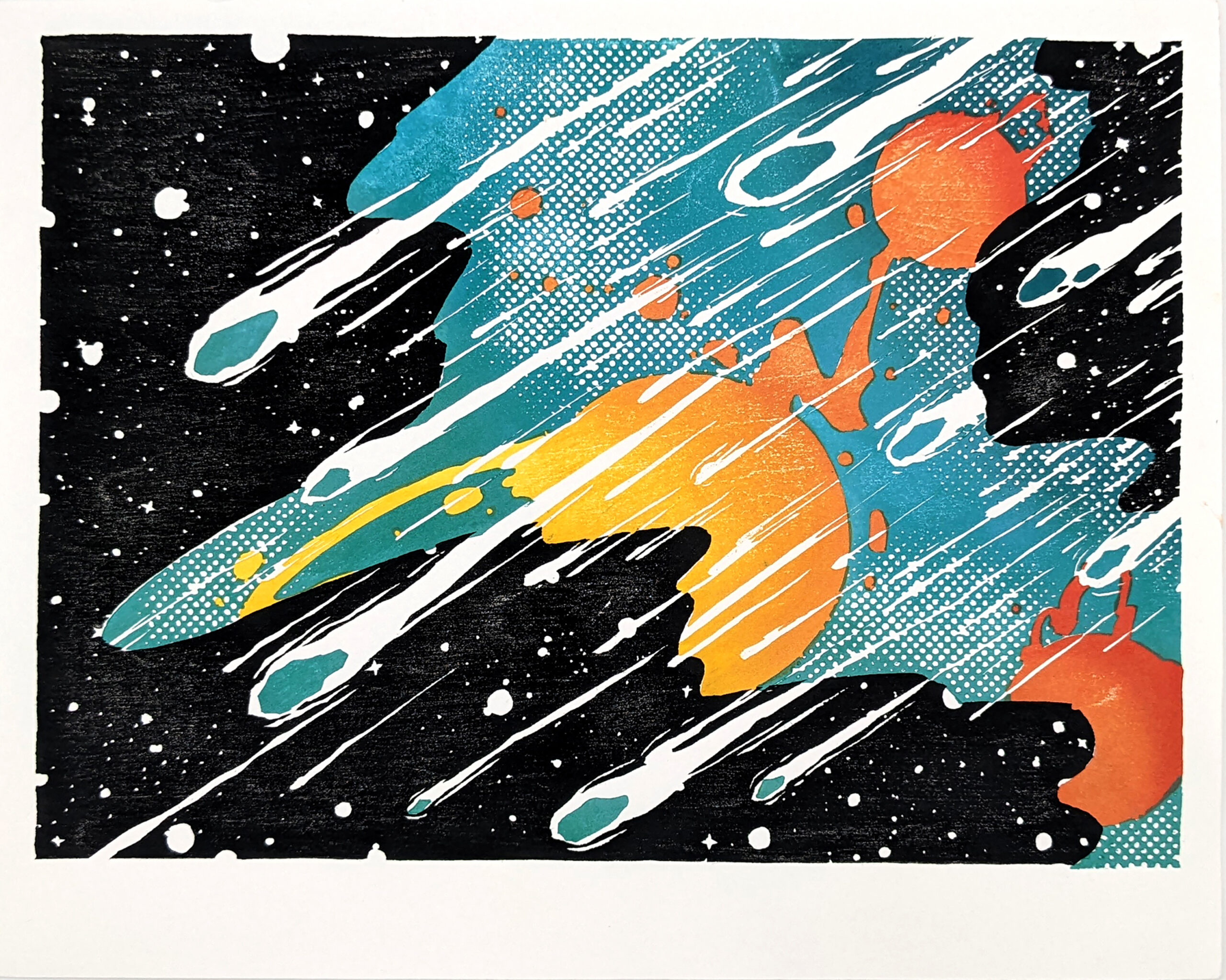 "Potential and Promise" Mokuhanga (water based wood block print). Streaking space debris splits a b&w star scape to expose a high chroma event beneath.