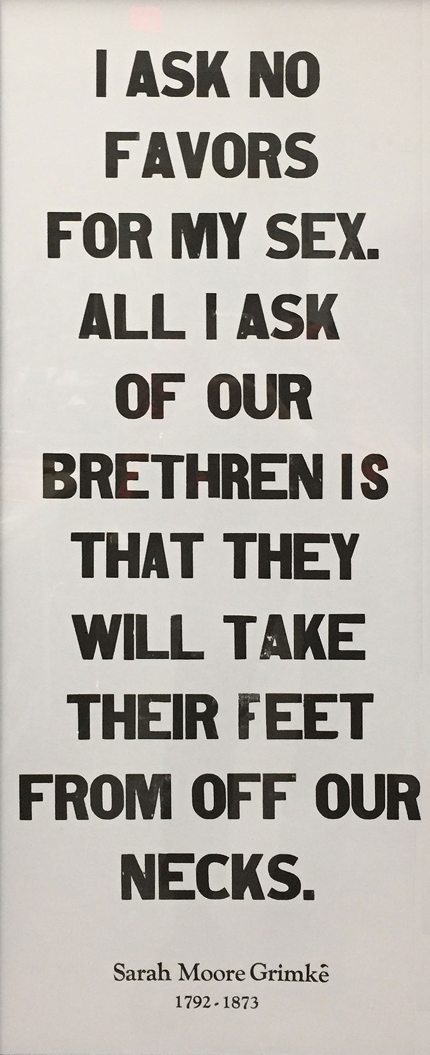 Necks by Lois Harada B&W broadsheet letterpress poster featuring quote by SArah Moore Grimké