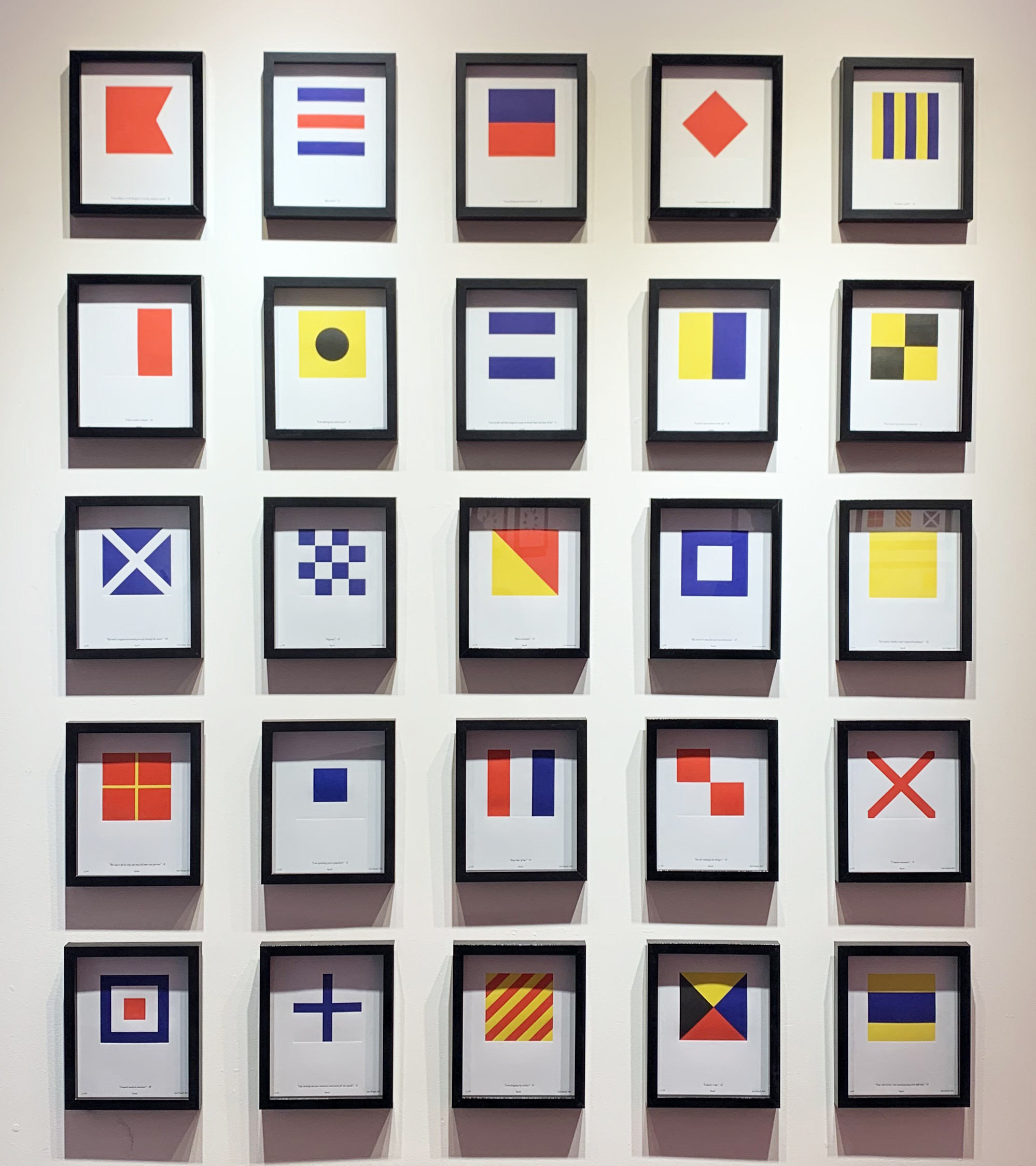 Signals by Lois Harada Twenty-five framed relief prints of nautical flag code signals.