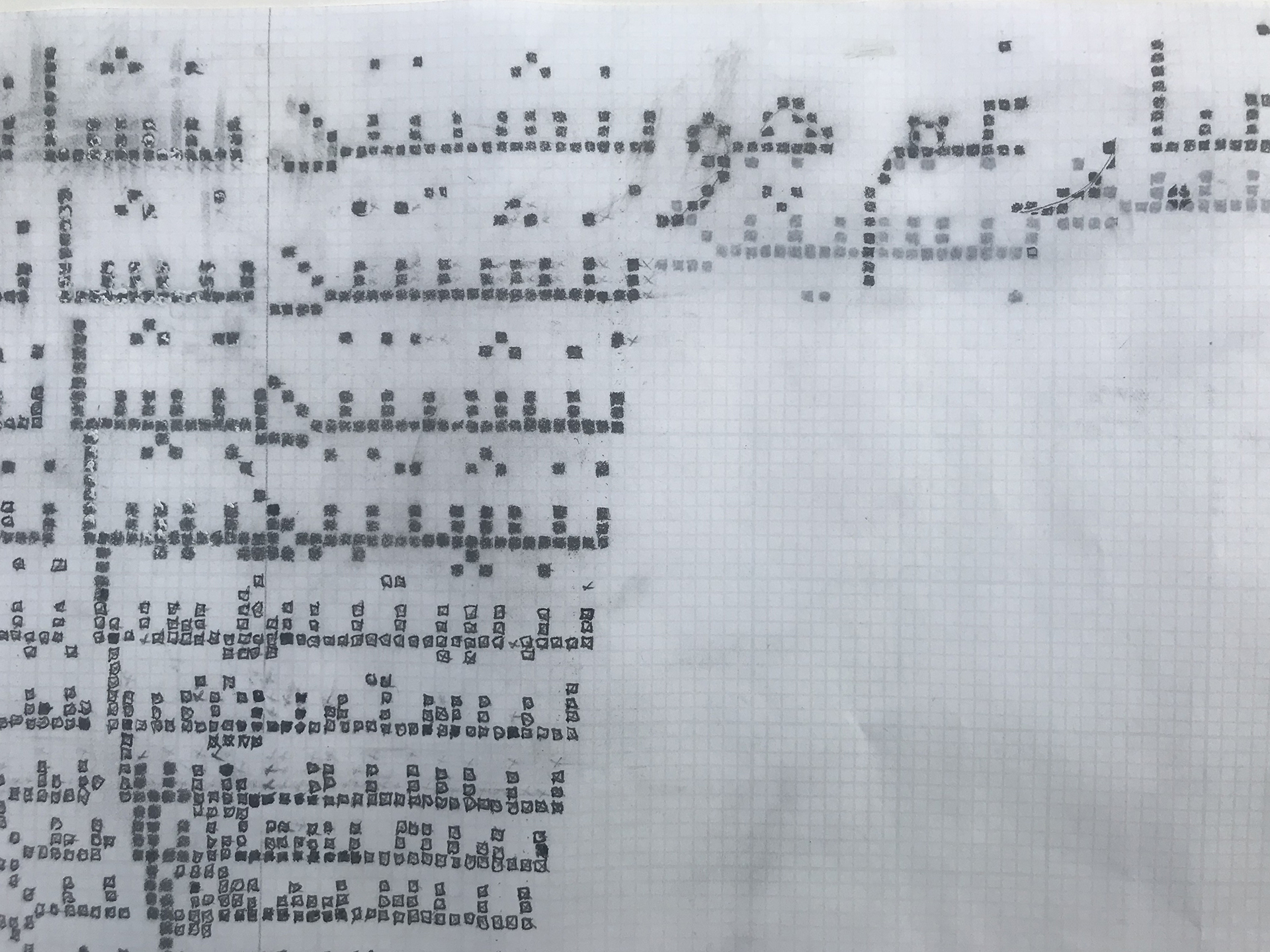 Detail of hand-drawn, pixelated typography in graphite of the words benshinand and benshaanand