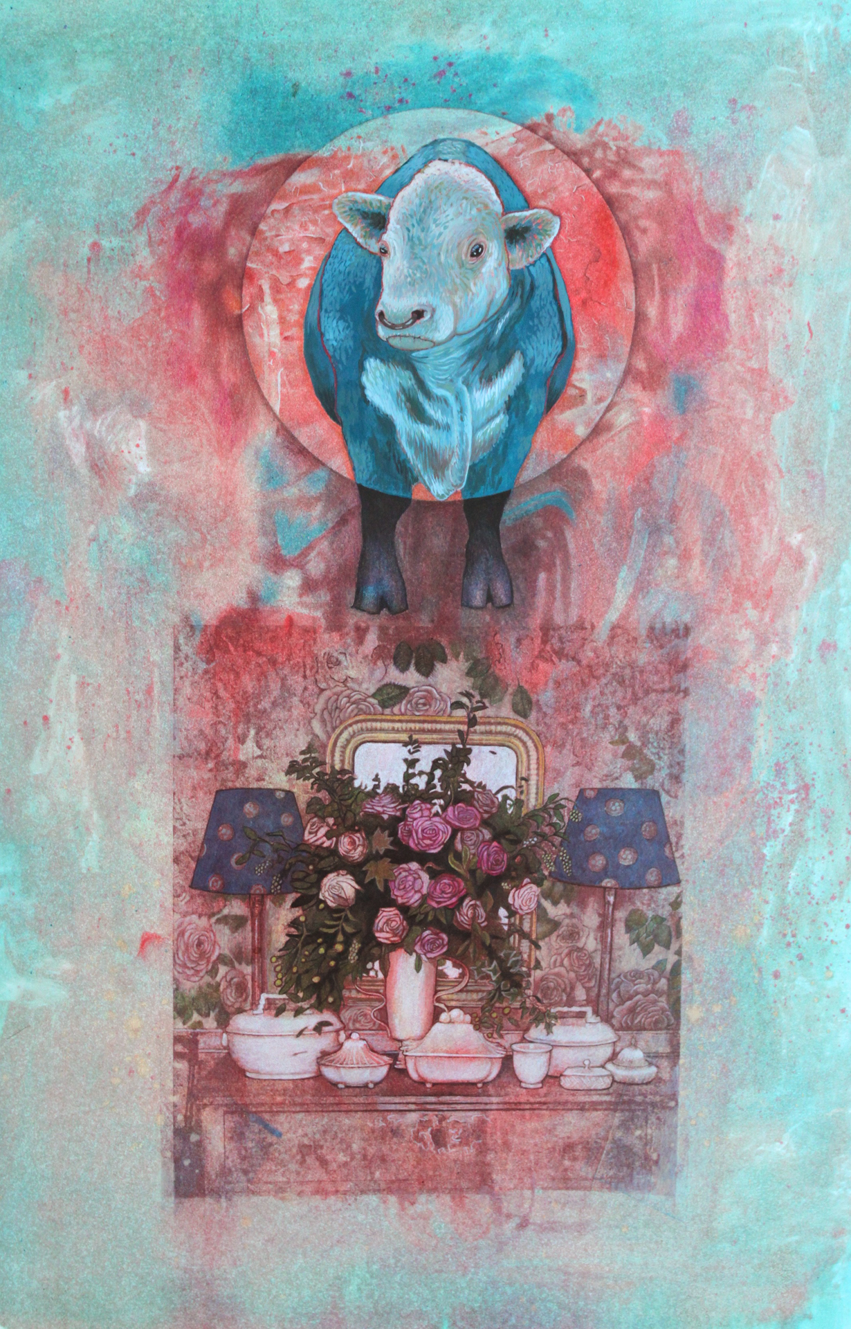 A drawn blue cow highlighted in a painterly monotyped background is paired with a Xerox transfer of a still life featuring flowers, pottery, and other cues to femininity