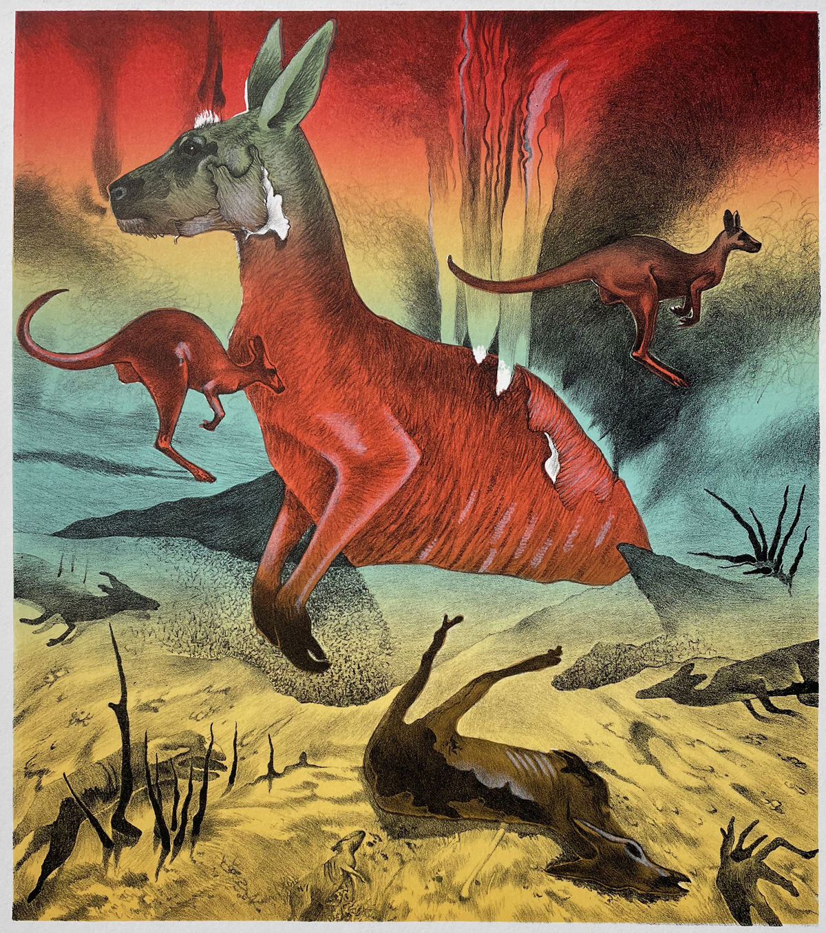 Imagery of red kangaroos, carcasses, and a fiery landscape imply the wildfires that ravaged Australia