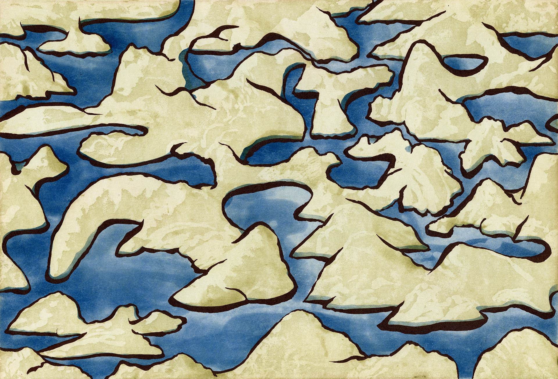 An aquatint etching in blues and cream evokes melting icecaps.