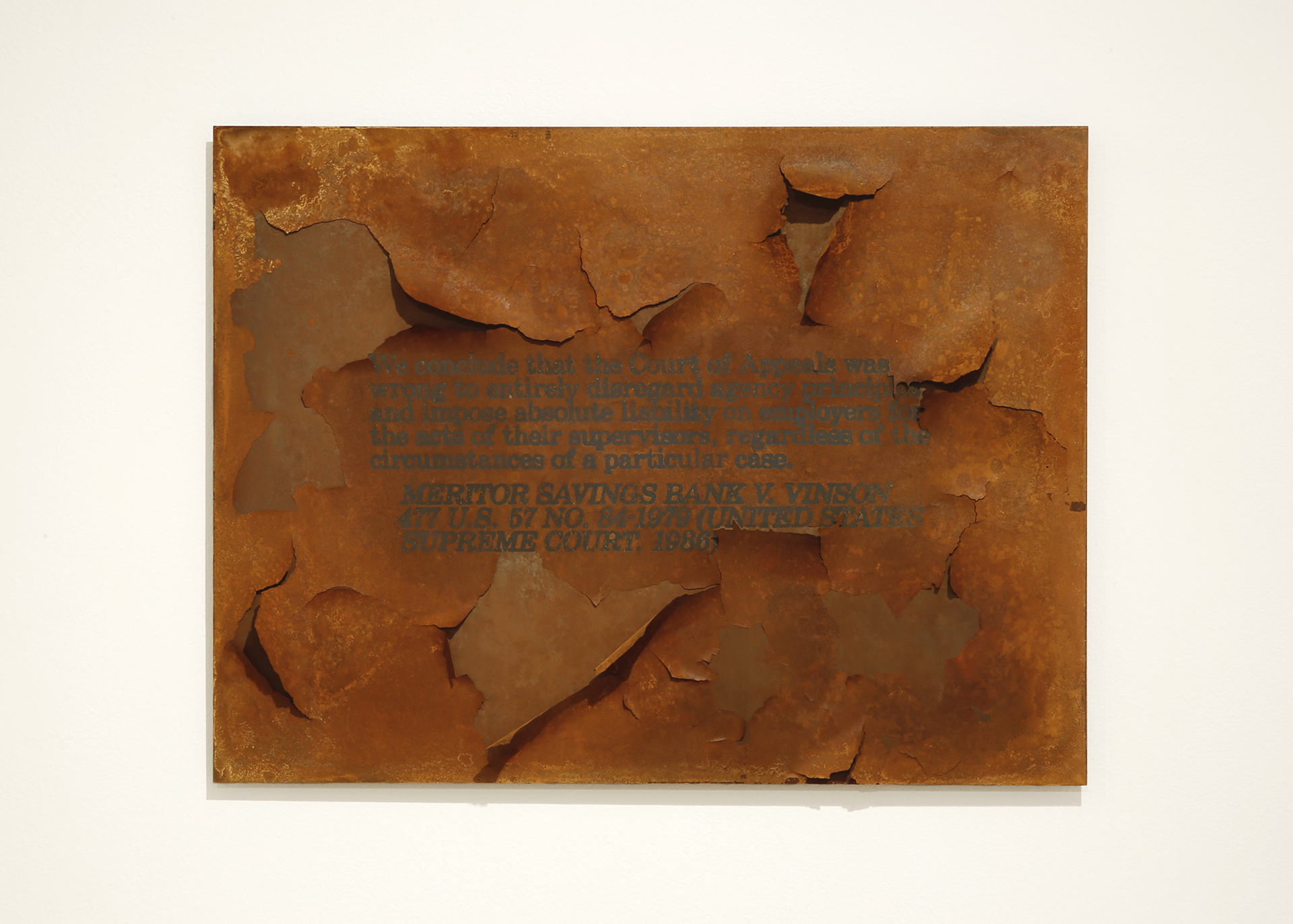 Screenprint resist on steel with rust patina, cited text from 1986 Supreme Court decision on workplace sexual harassment