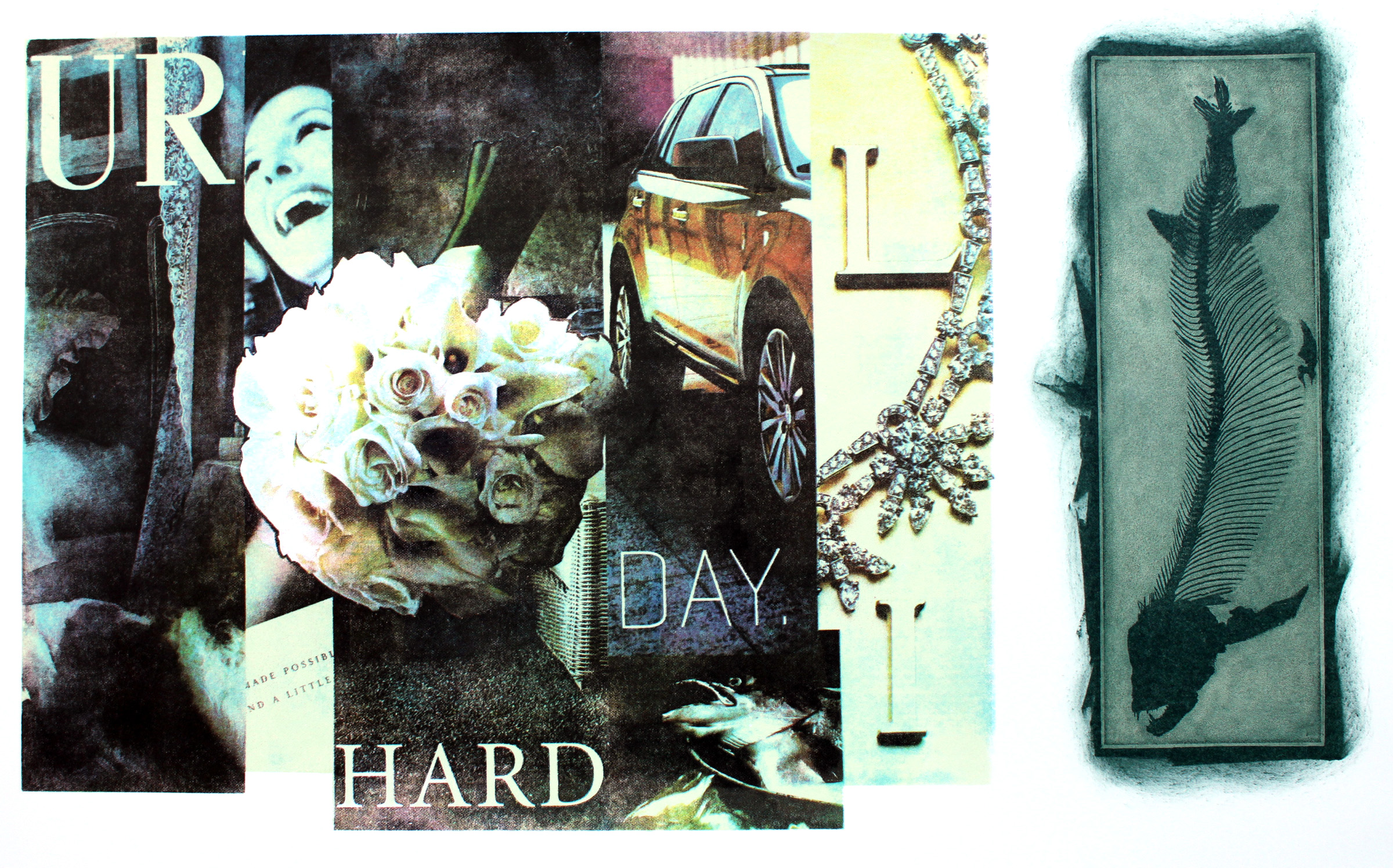 Bands of photos sampled from advertising are paired with the text "Ur Hard Day" and the fossilized skeleton of a fish