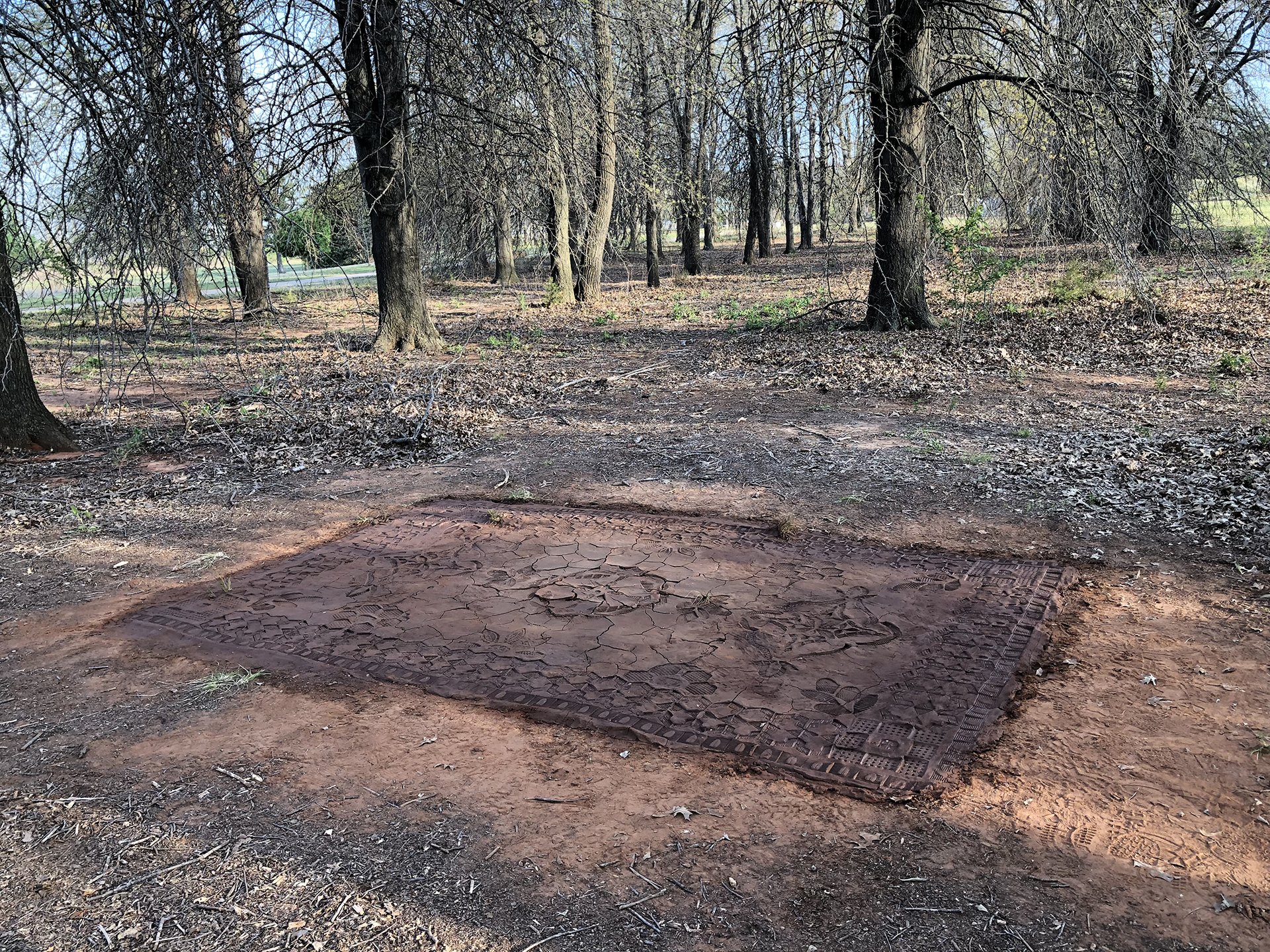 Low relief sculpture mimicking an intricate patterned rug, made with modified shoe soles imprinting ground Oklahoma dirt, cracked by the elements, set in a wooded clearing