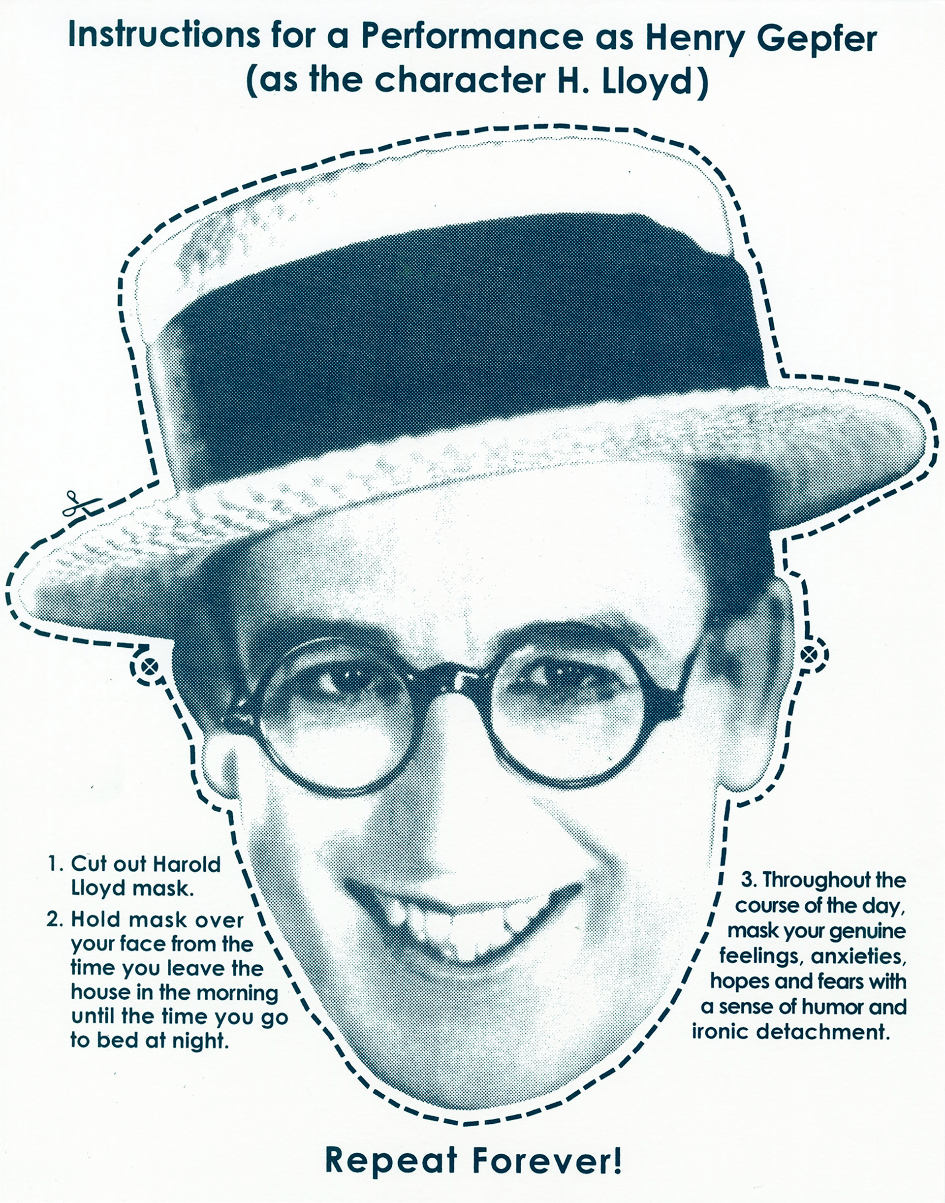 Screenprint of the silent film actor Harold Lloyd including instructions to cut out the face for use as a mask to disguise genuine feelings