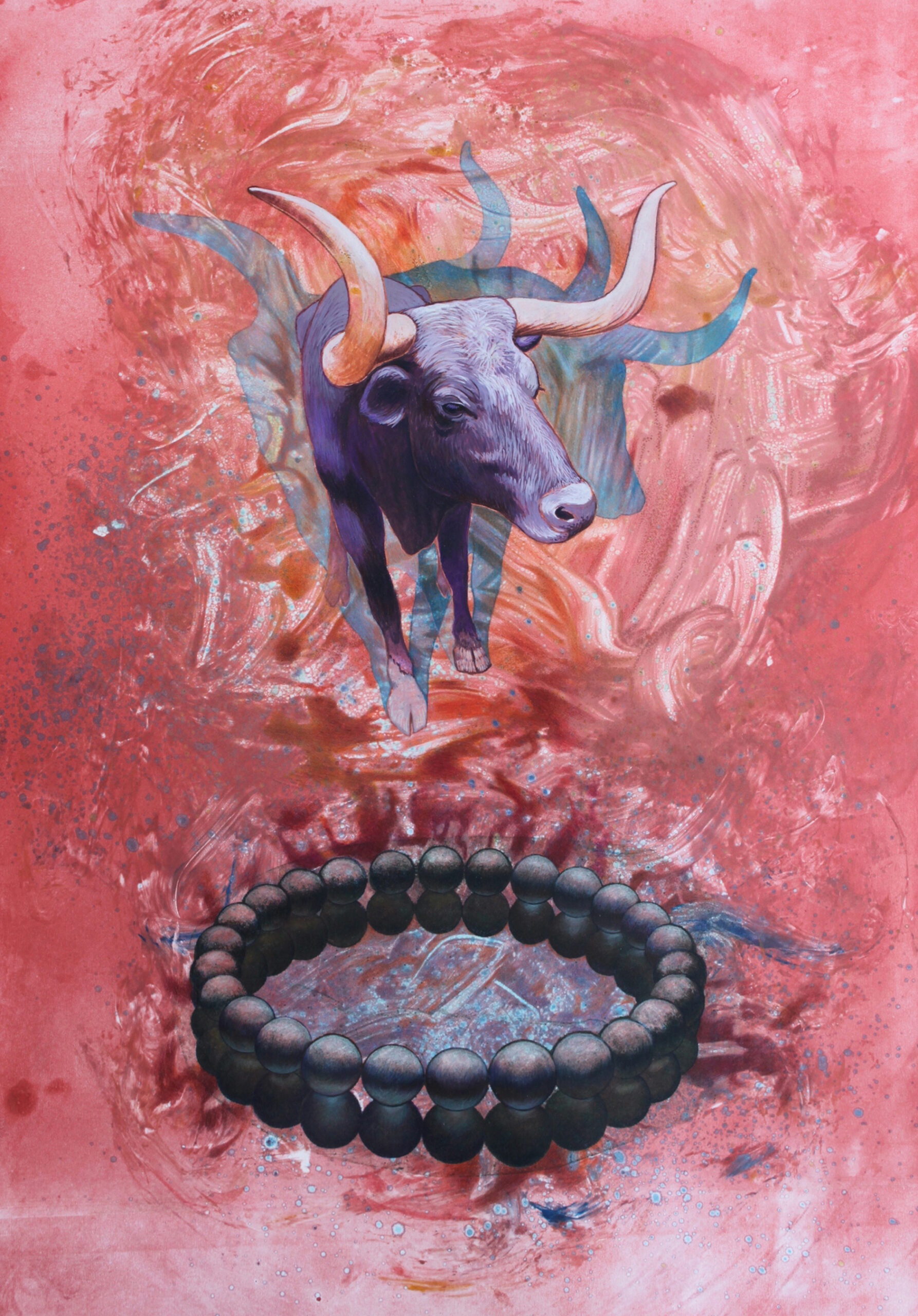 A finely drawn long horn steer stands in a red background over a pearl bangle
