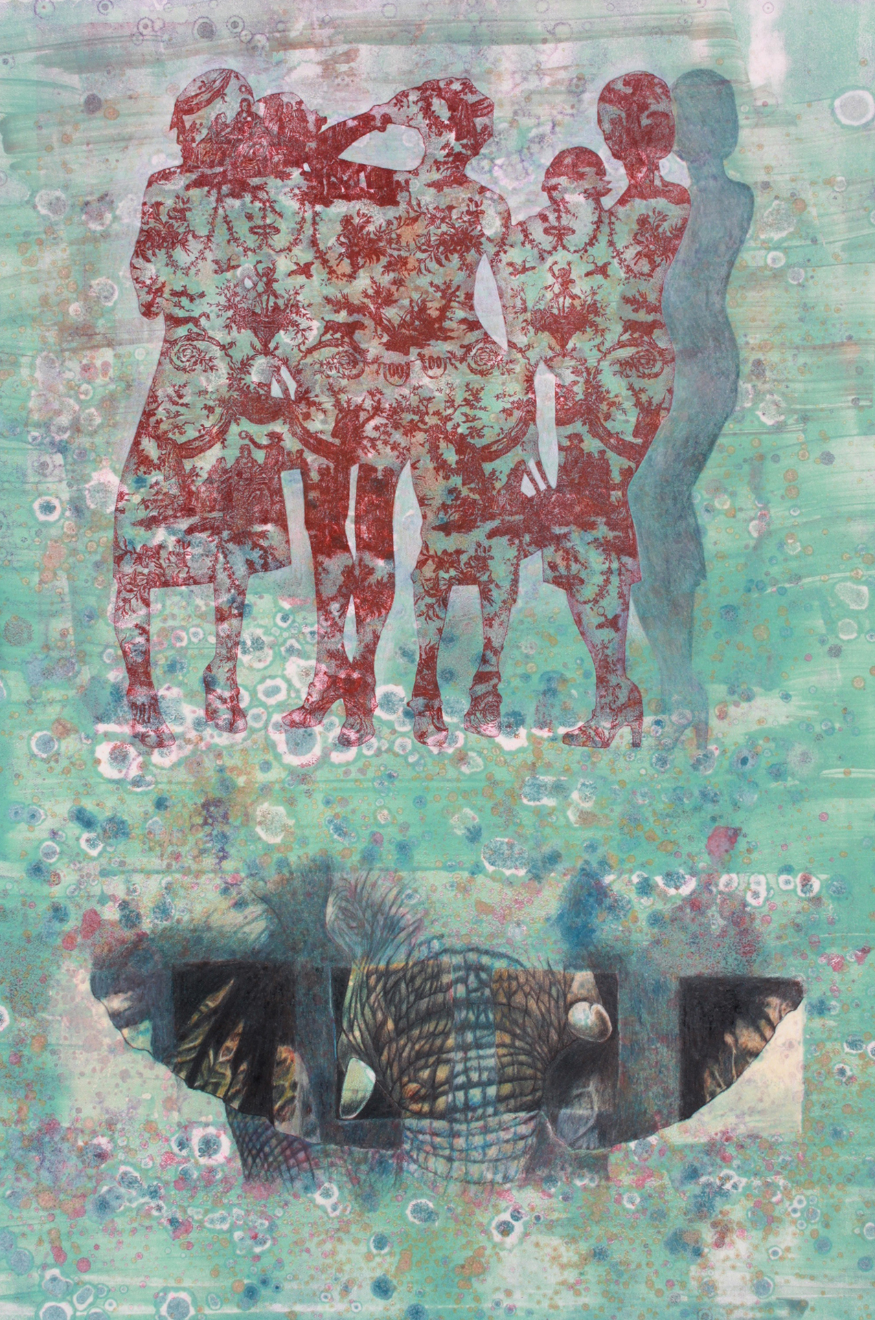 Figures filled with an intricate red pattern stand over a drawing of the head of an African elephant, seeming to emerge from windows in the textured middle ground