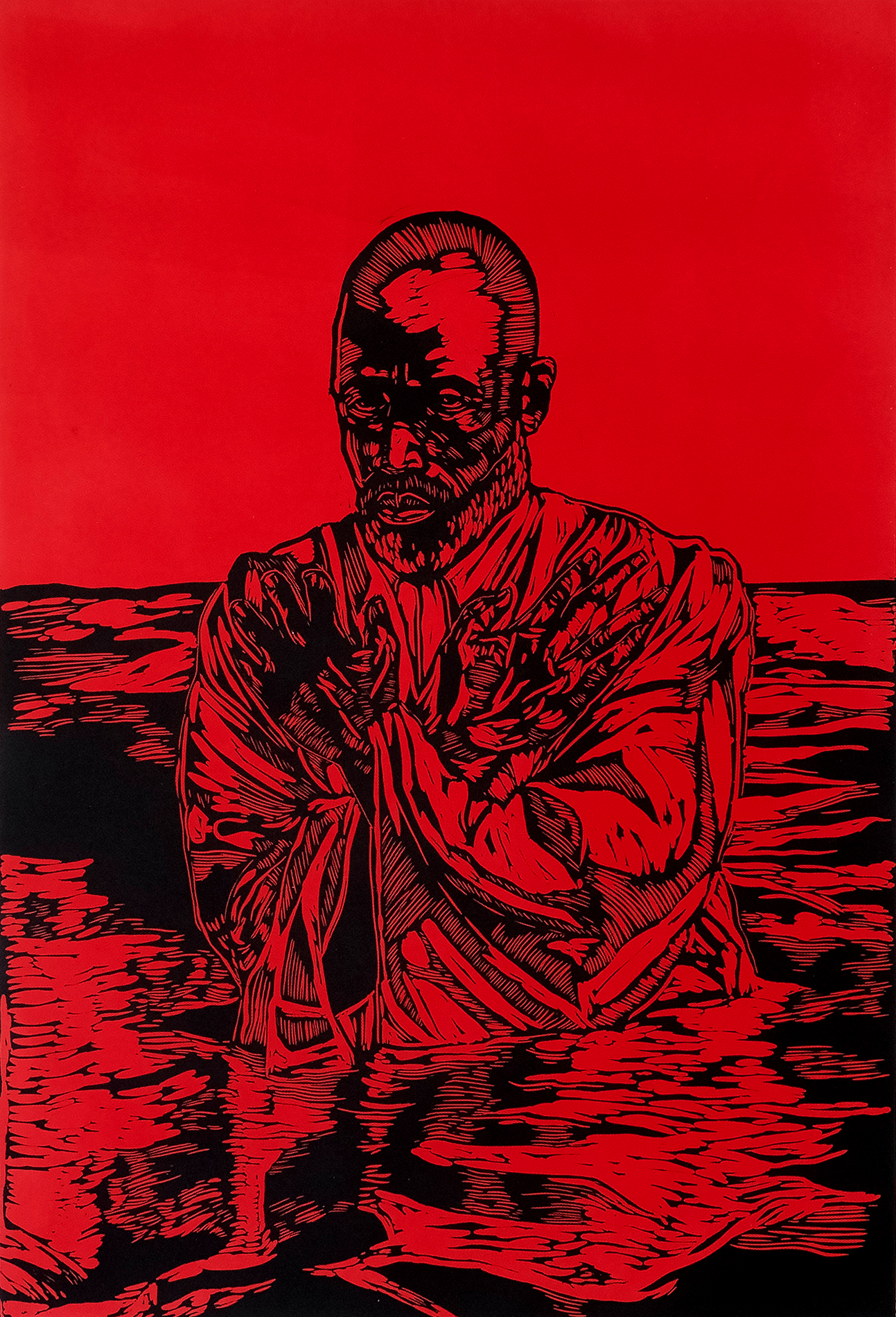 I Know It Was The Blood Linocut Print on Arches heavyweight paper, 36" x24" Photo credit: CJ Benninger A figure in robes with arms crossed across the chest is submerged in water to his chest as if to be baptized.