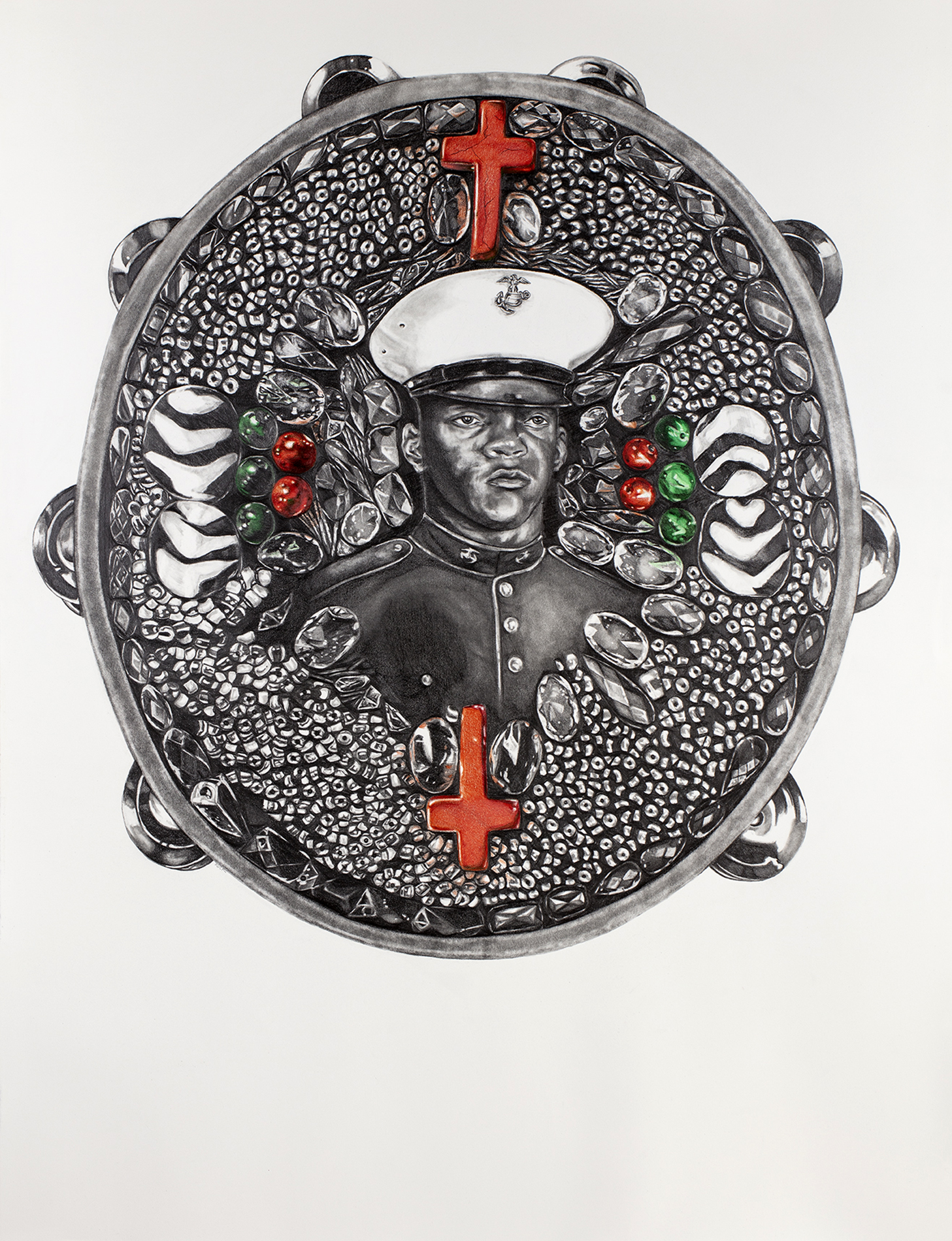 In My Father's House are Many Mansions Graphite and colored pencil on Stonehenge paper, 50" x35" Photo credit: CJ Benninger A portrait of a Marine in dress uniform is at the center of an elaborately adorned tambourine.