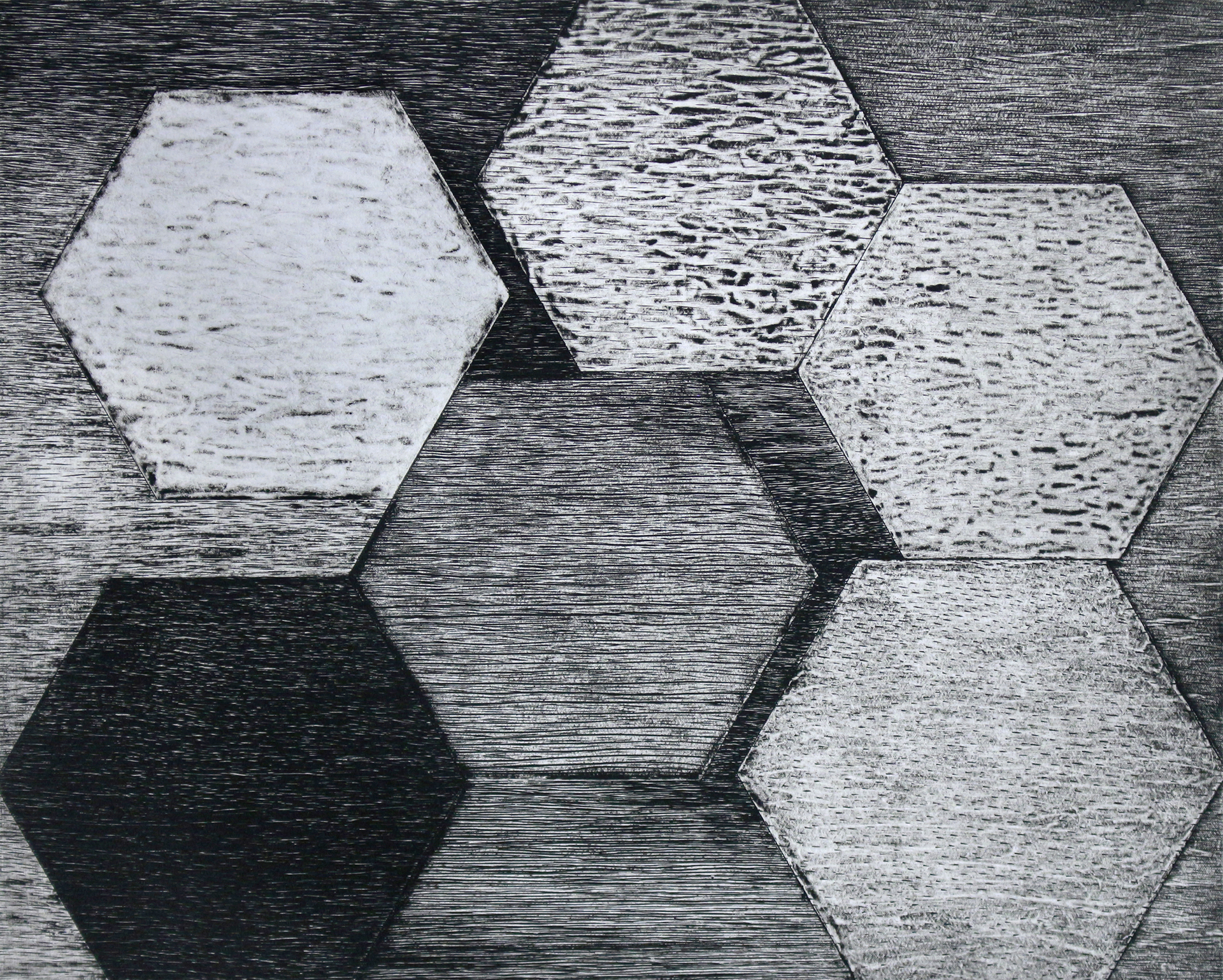Essential Patterns of Perception: Six (6), laser & hand engraving, collagraph; 10” x 12.5”, 2019 Six hexagons in various textures are stacked offset across a woodgrain background.
