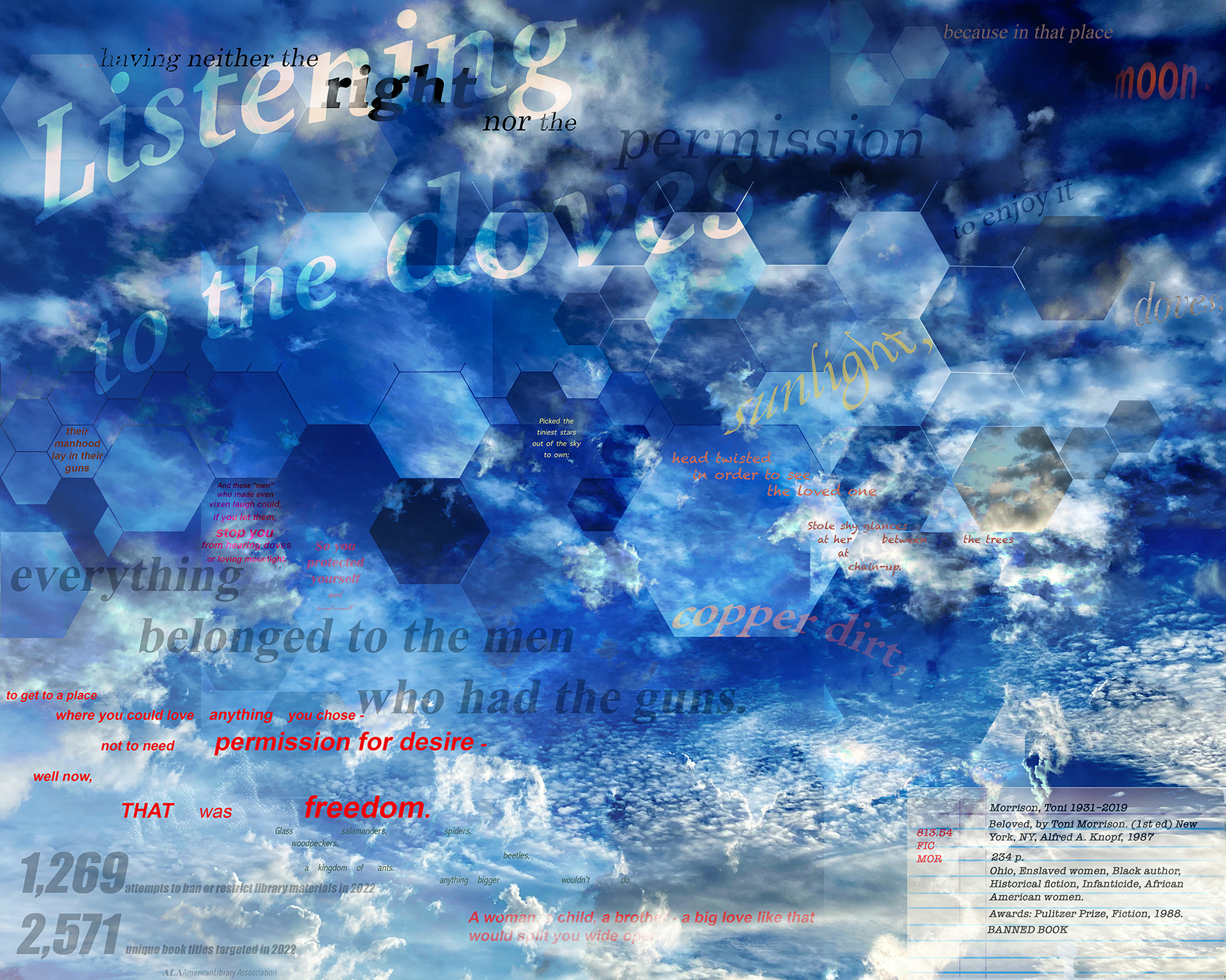 BANNED! Beloved, Toni Morrison; pigmented ink jet print; 20” x 16”; 2023 A sky is composed of hexagons, numbers, and text from Toni Morrison's novel, Beloved.