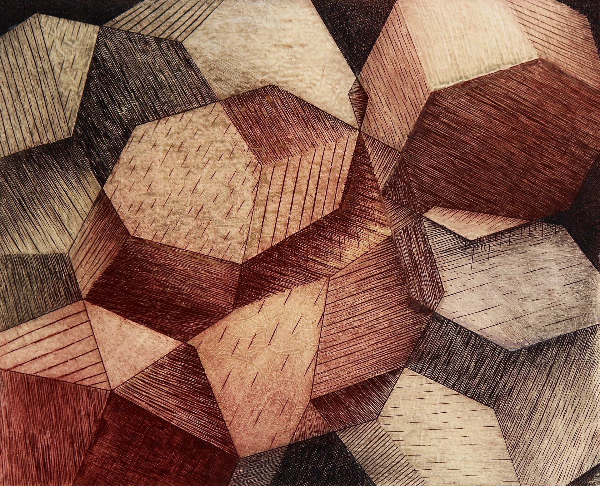 Essential Patterns of Perception: Eight (8); laser & hand engraving, collagraph; 10” x 12.5”, 2016 Eight varied textured hexagons in warm and cool colors fill the picture plane creating a deep visual space.