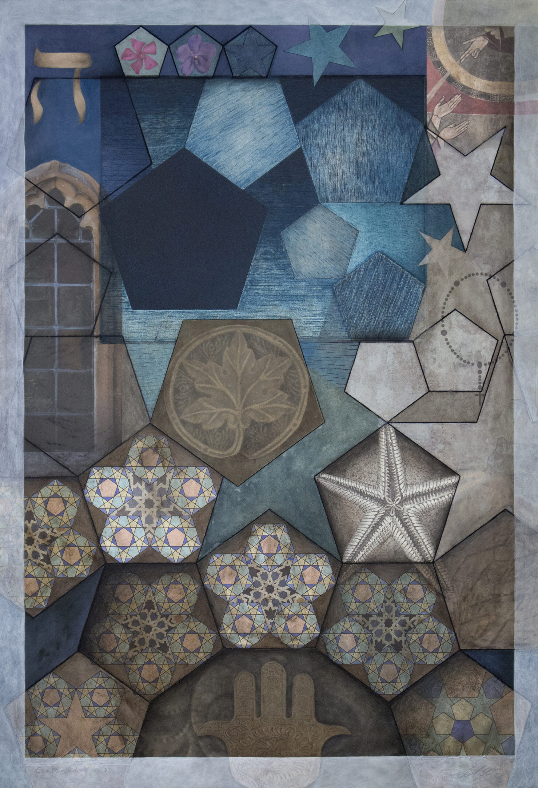 Contemplation on 5; pigmented ink jet print, laser & hand engraving, collagraph, collage, paint, pencil; 30” x 20.5”; 2019 Various geometric and cultural allusions to number 5 create a deep, varied pictorial space.