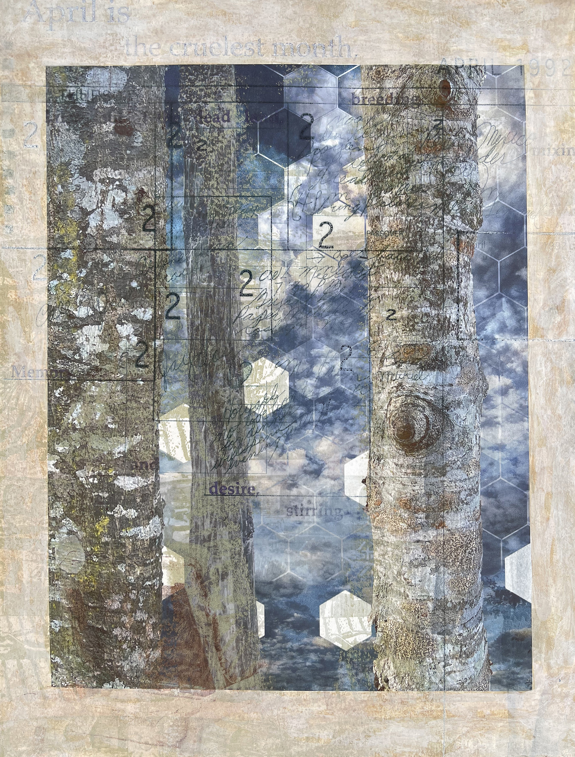 Memory's Persistence (Cruelest Month); lithograph, intaglio, acrylic, digital print; 11” x 8.5”; 2021 Photo layers of sky and trees composed of hexagons, and text create a dense visual space.