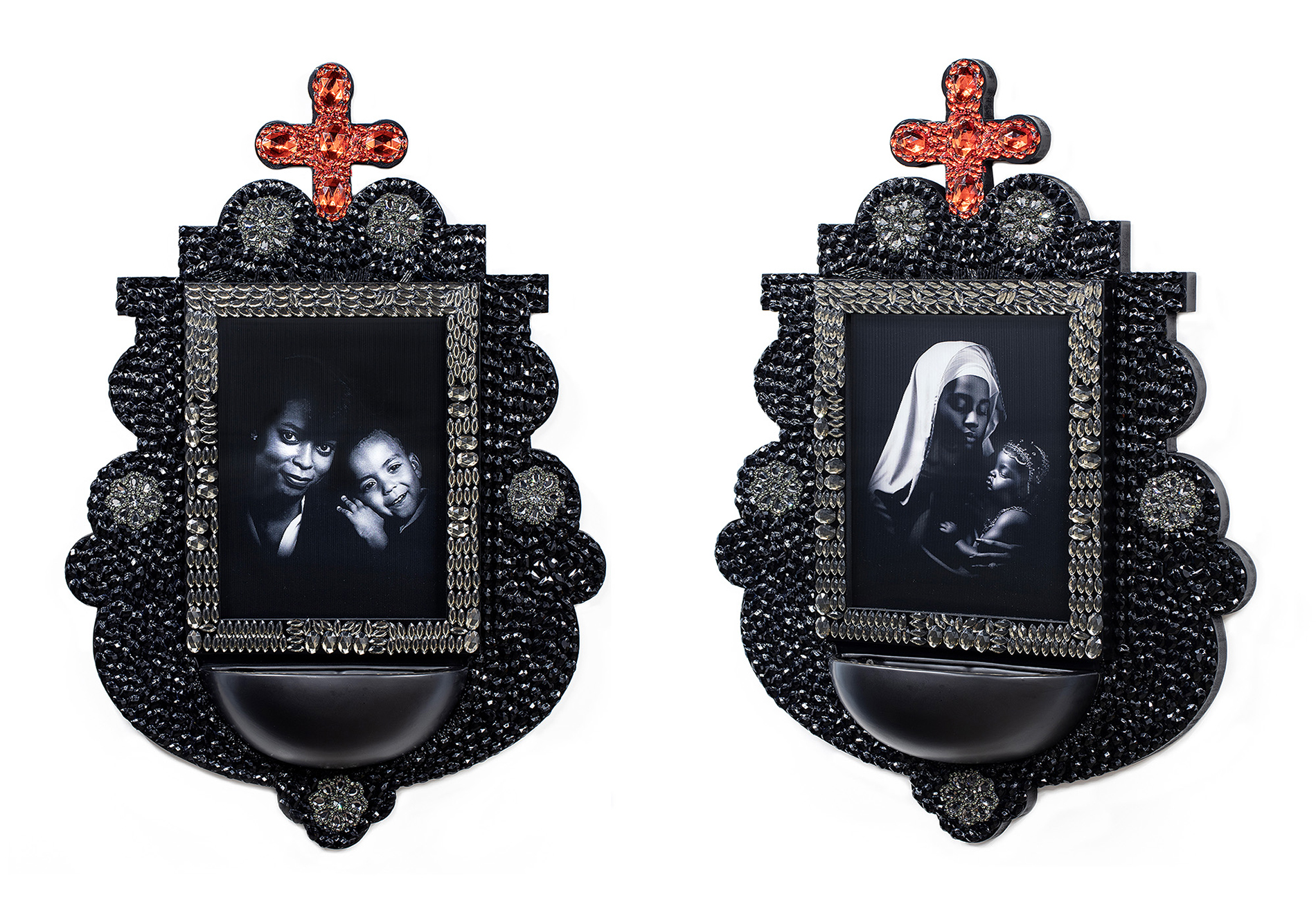 Fearfully and Wonderfully Made Mixed media and holy water font with lenticular print, 34" x 24" Photo credit: CJ Benninger Two holy water fonts with a contemporary portrait of mother and son on the left, and the same family as Mary and Jesus on the right.