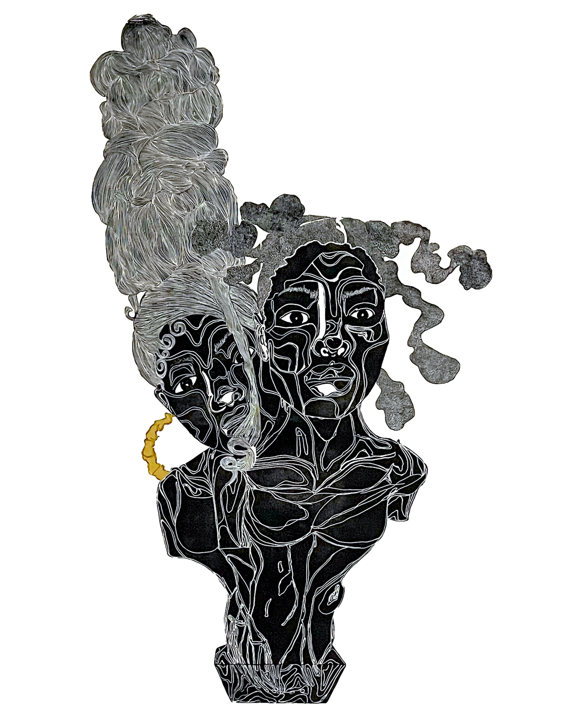 ‘shun and ‘ya: Thick like Thaddeus, Black like Marquina Linocut, relief ink, hand painting, hand embroidery on 280 gsm BFK Rives; 64" x 42"; 2022 Variable Edition of 2 Two busts meld together into a single pedestal.