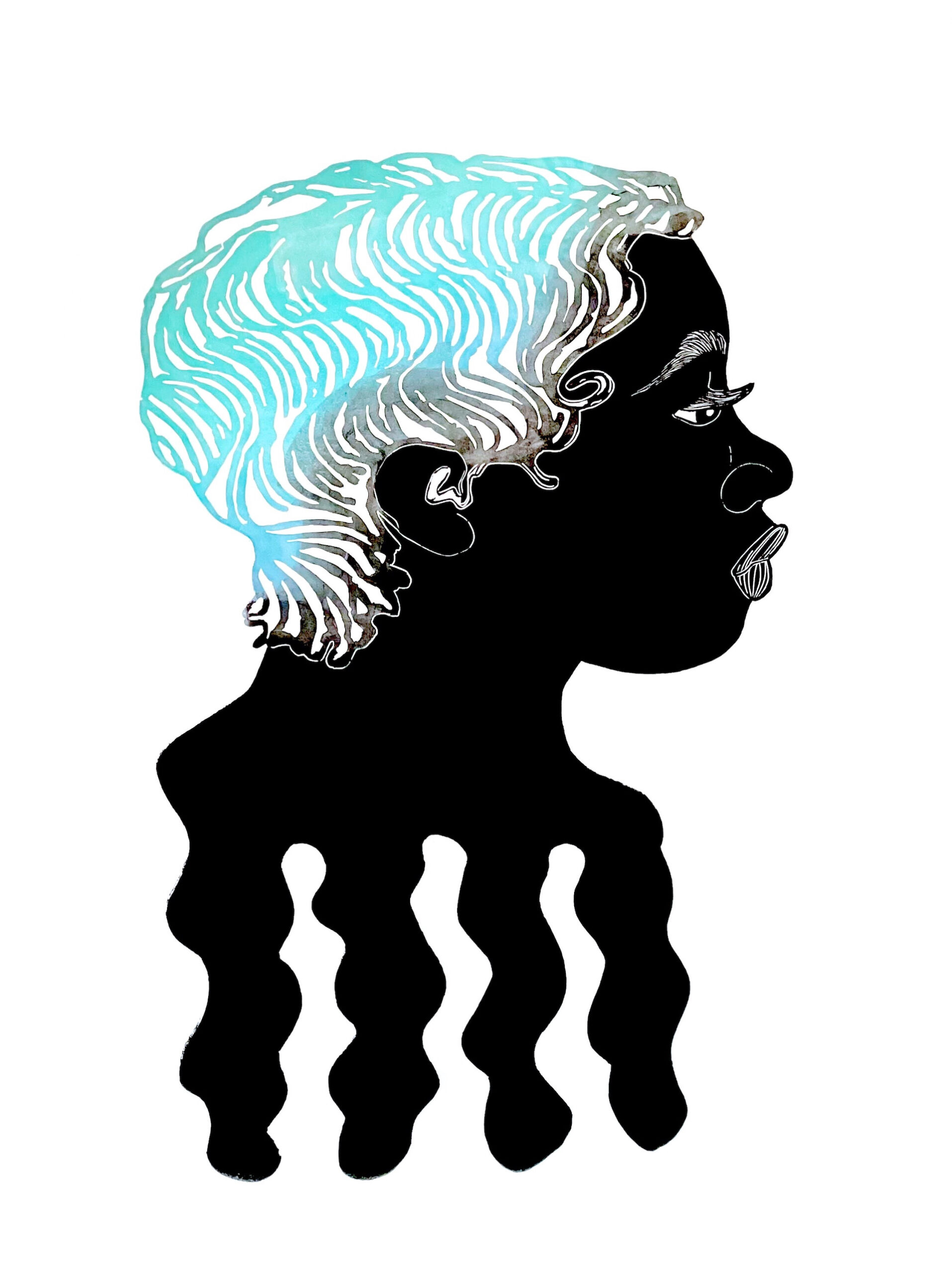 tender: a sisterhood anthem, (B-side) fig. 005 Linocut, relief ink, gouache, embroidery on 280 gsm BFK Rives; 30" x 22"; 2021 Variable Edition of 7 A woman's face with wavy, aqua ombre hair gives way to tresses that mimic a melting comb.