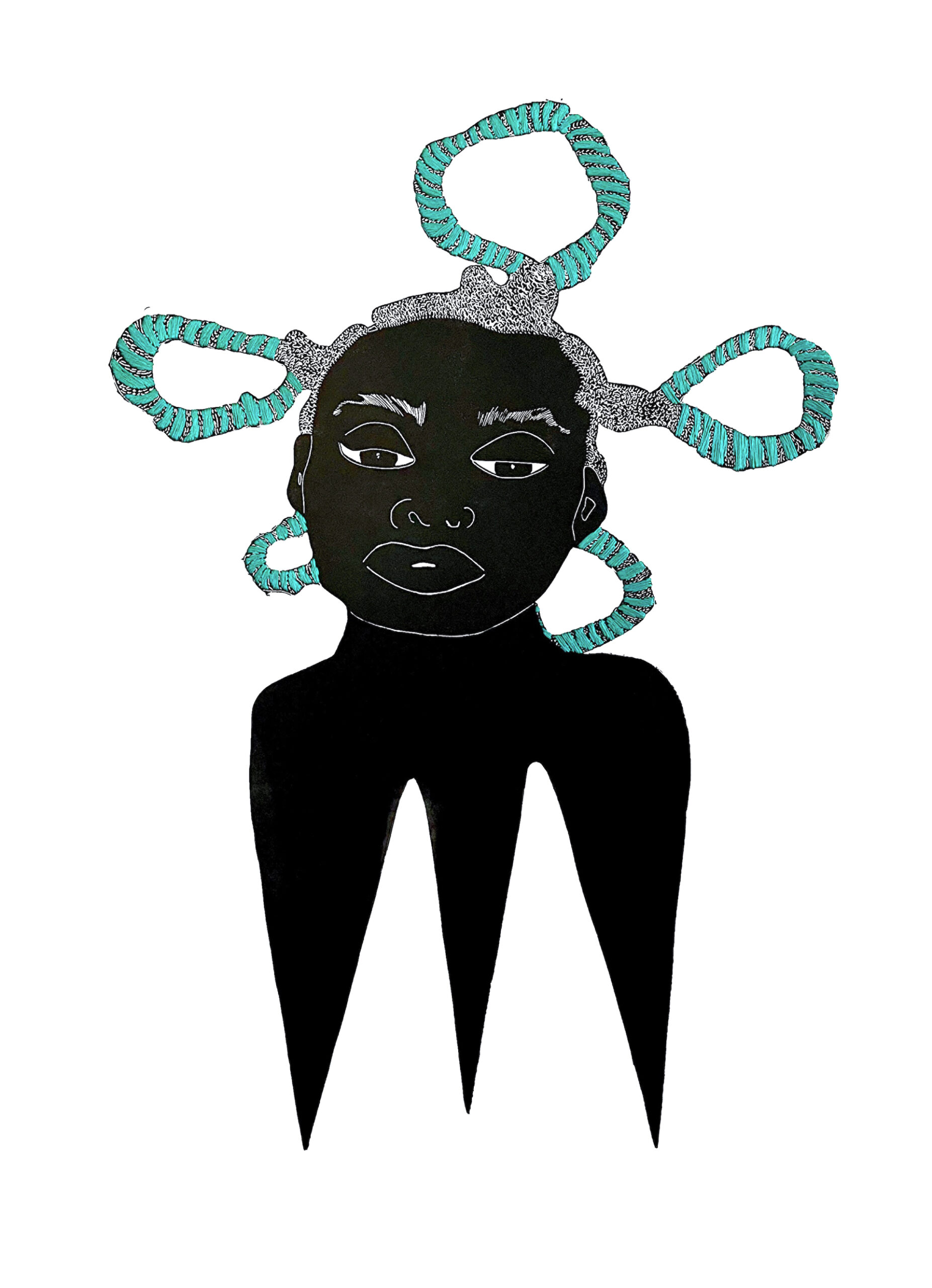 tender: a sisterhood anthem, (B-side) fig. 014 Linocut, relief ink, hand quilting on 280 gsm BFK Rives; 30" x 22"; 2021 Variable Edition of 7 A woman's face with turquoise looped braids transforms into a sharp, three toothed comb.