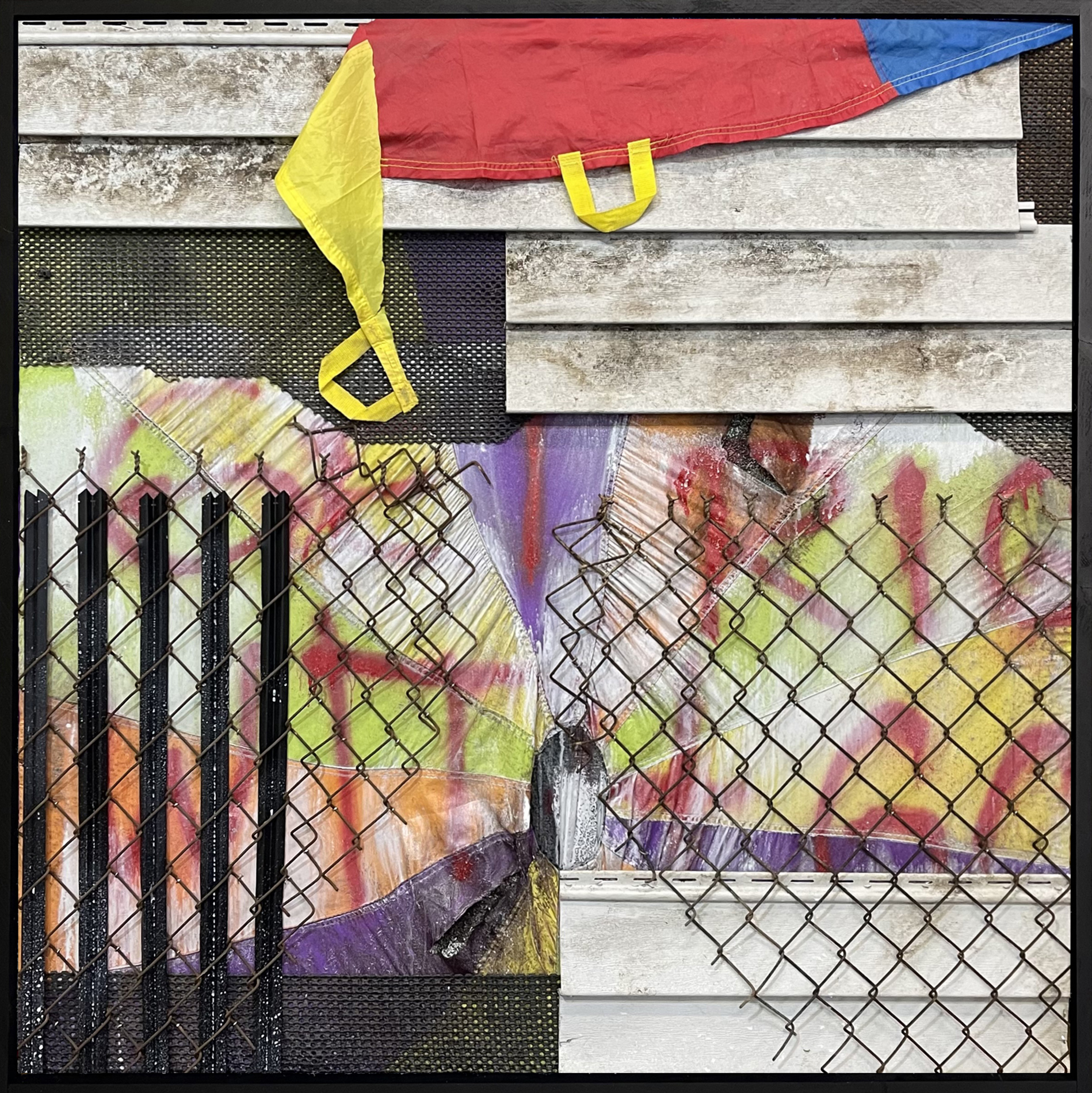 Get Right with God, by Aaron Coleman. A mixed media assemblage made from commercial fencing, salvaged tarps and siding, and gym parachutes.