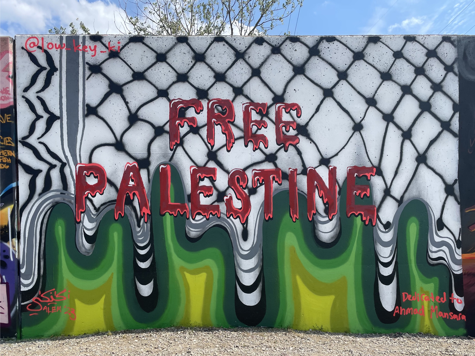 FREE PALESTINE, Aerosol, Acrylic on Concrete, 20’ x 16’, 2023, Made during  Paint Louis in St. Louis, MO, Dedicated to Ahmad Manasra