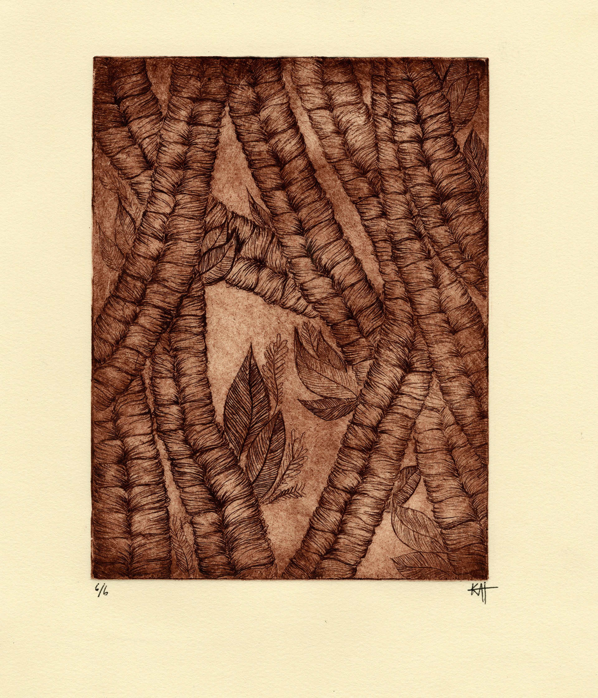 Burgundy etching of braids and leaves