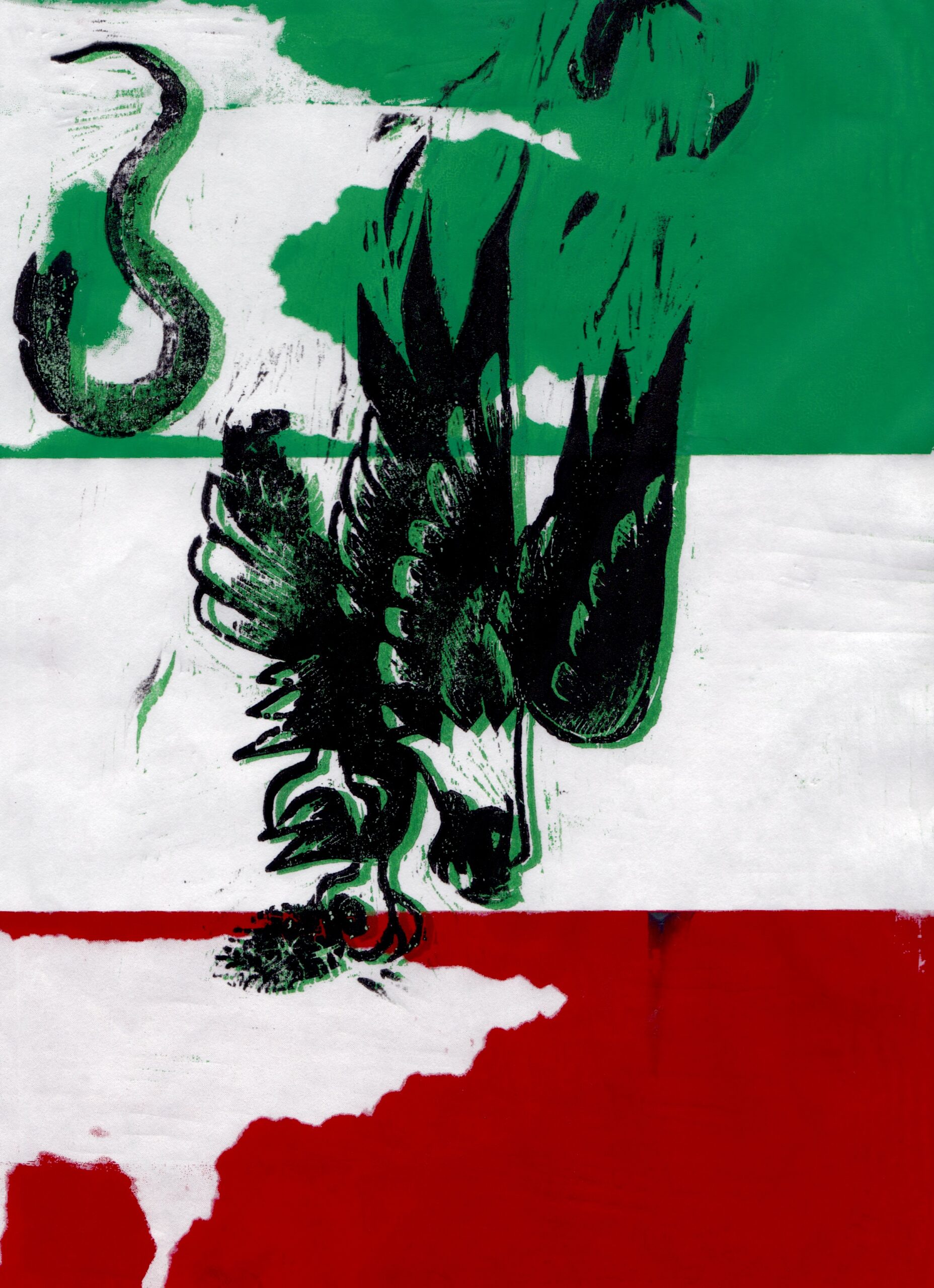 A stylized version of the Mexican flag is depicted vertically so that the eagle appears to be plummeting.