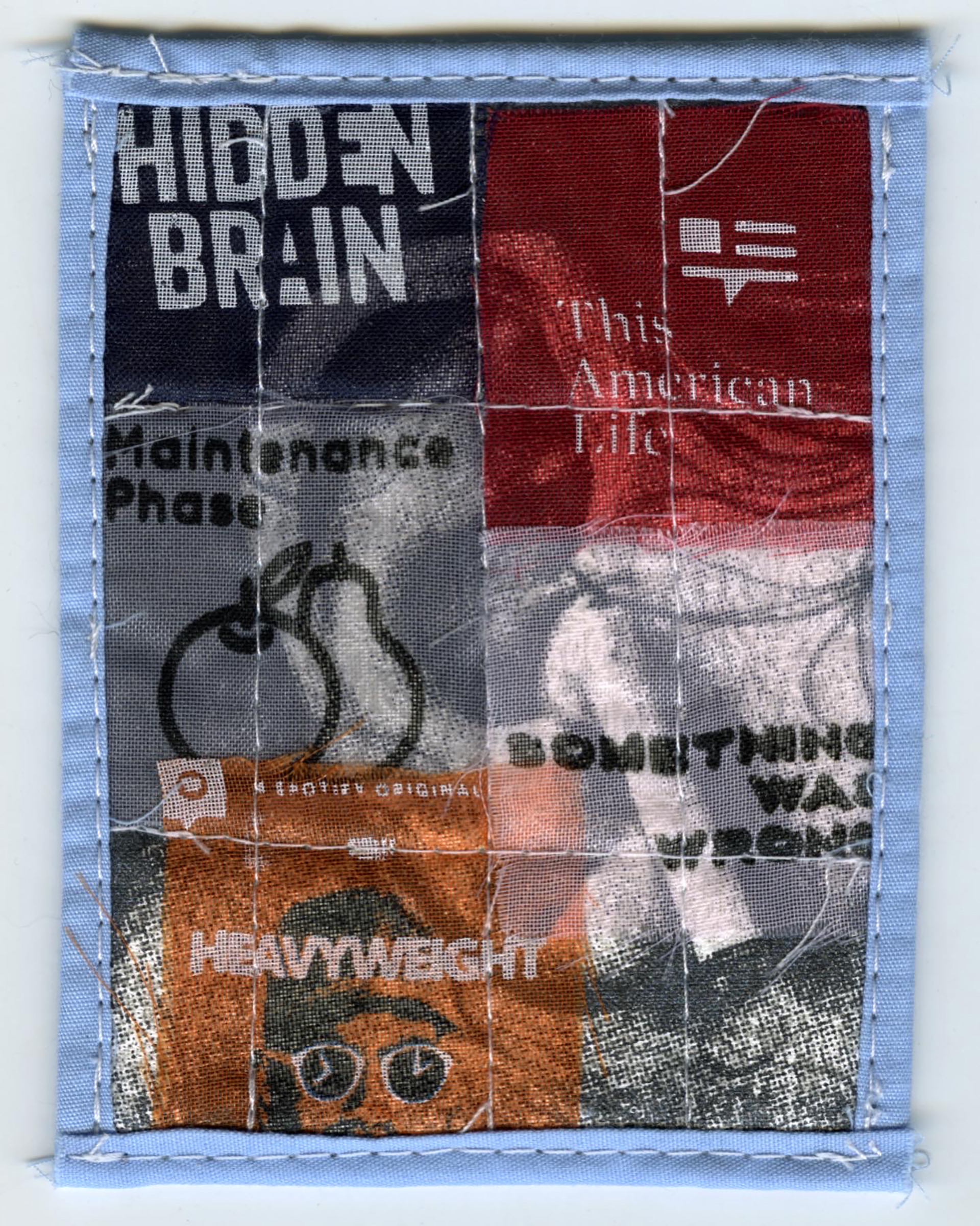 A small quilt with icons from podcasts the artist listens to overlaying a photo of an ear with an AirPod.