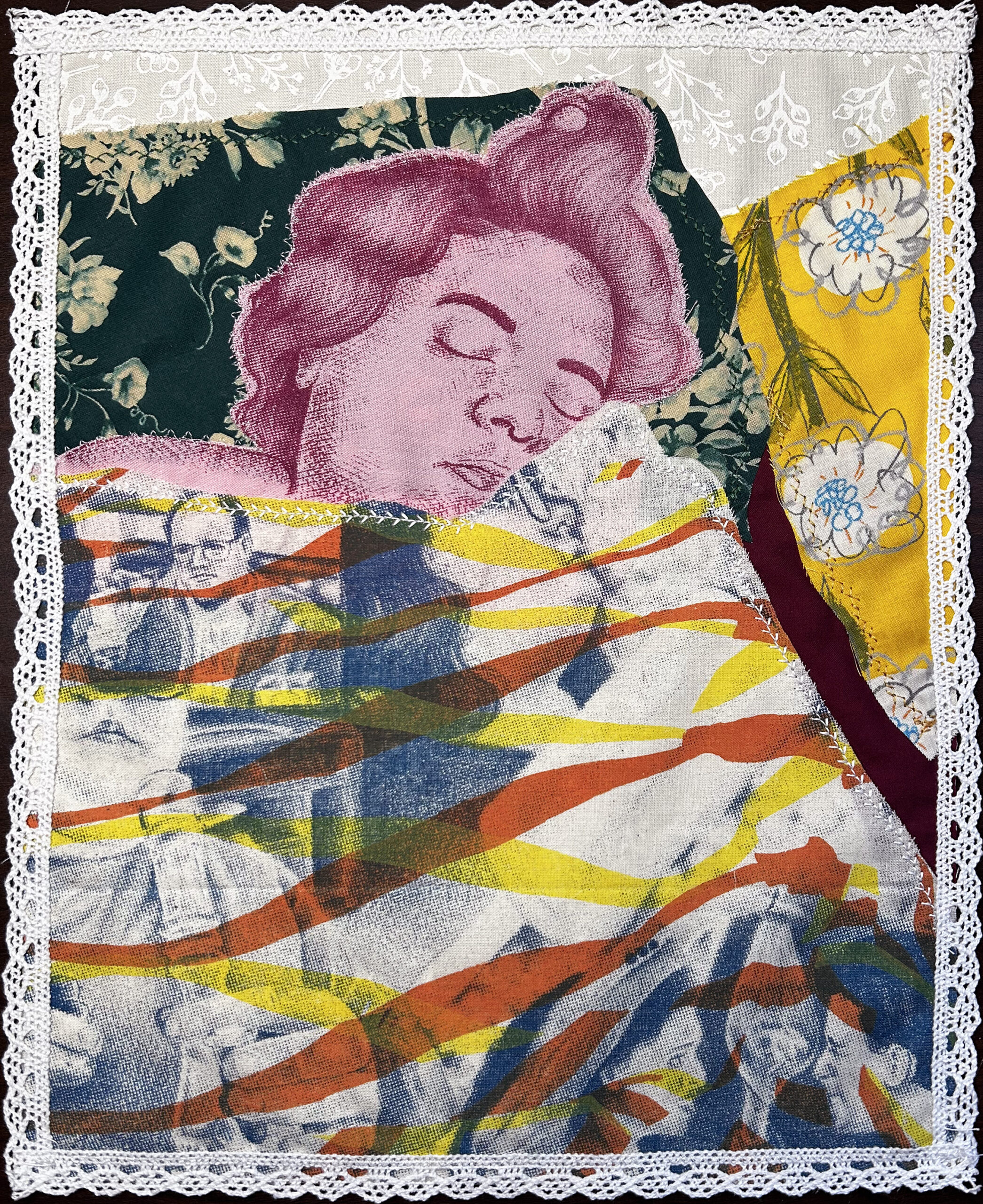 A screeprint of the artist sleeping is covered with various fabrics with other printed scenes to imply a quilt covering the figure.