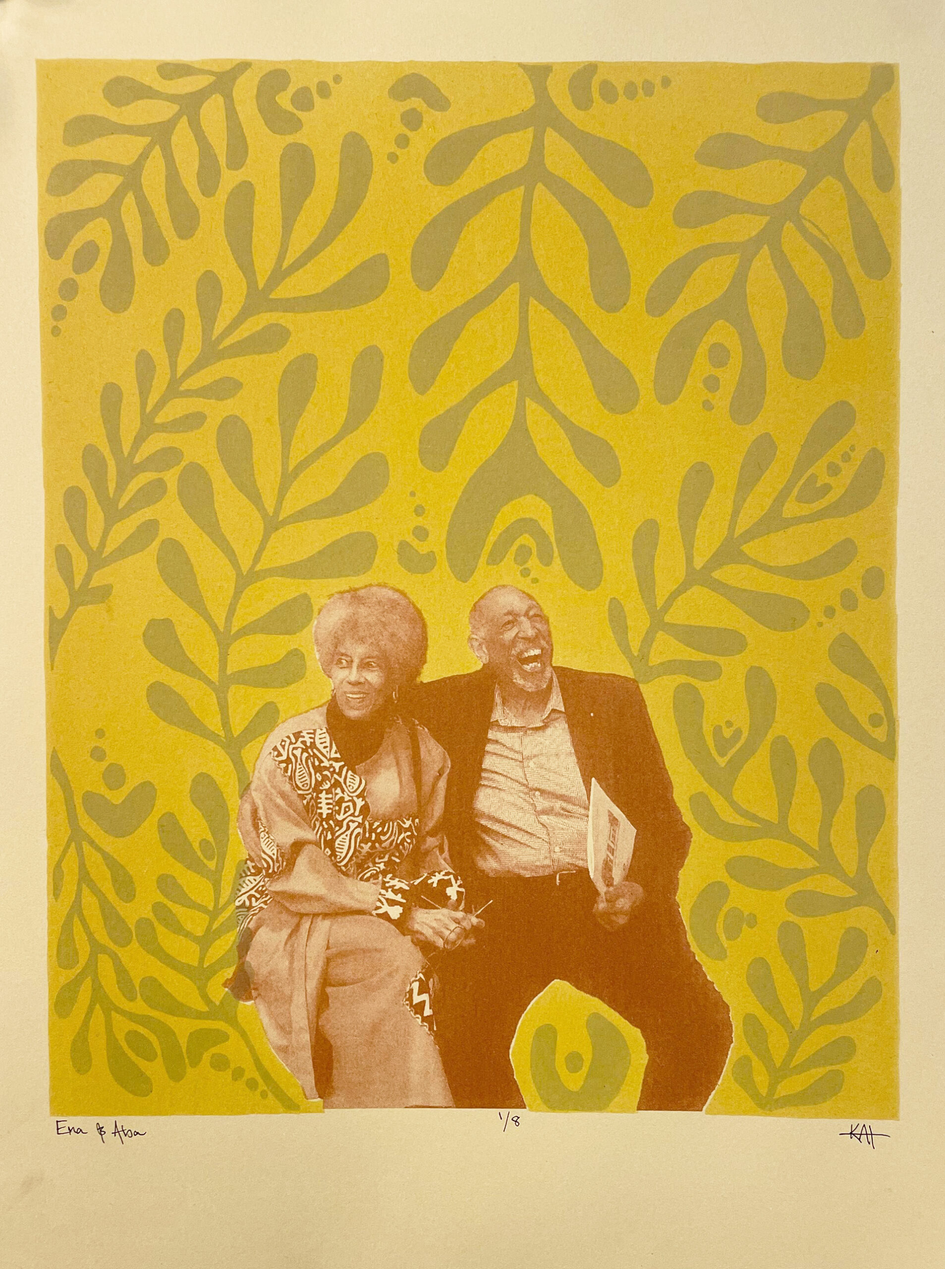 EMA & ABA; image of an older couple on a floral patterned background