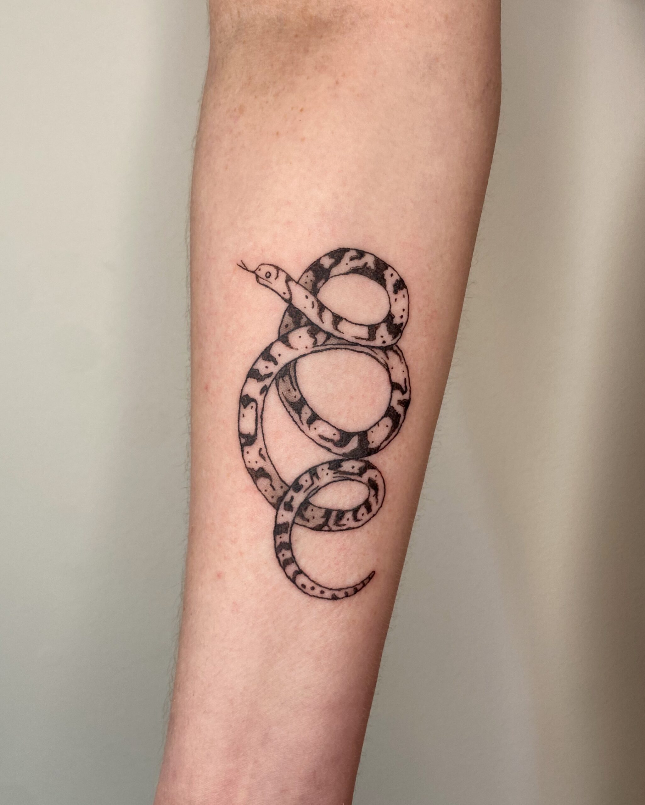 A snake tattoo is coiled on a person's forearm