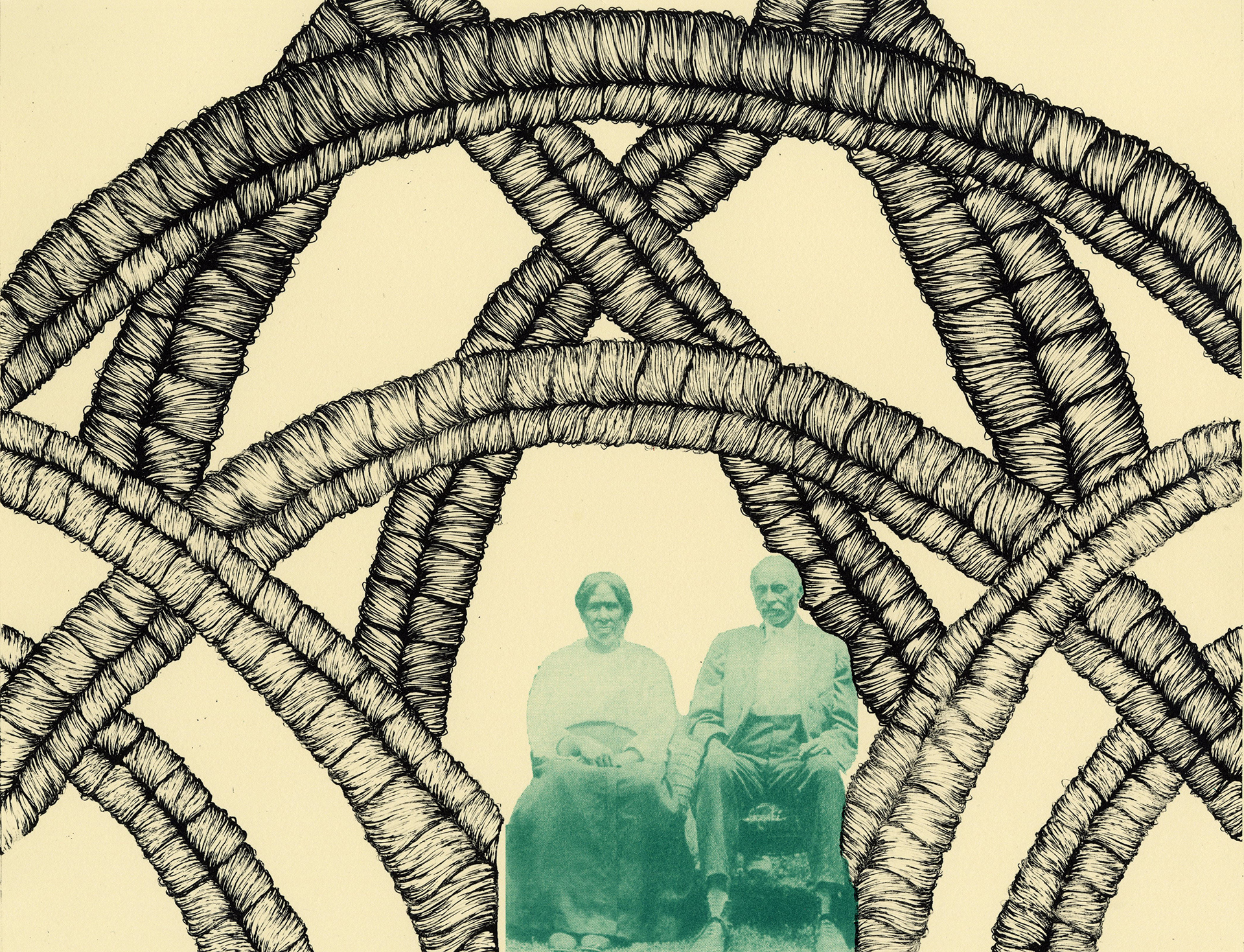 Image of an older couple sitting in the center of the pattern of braids