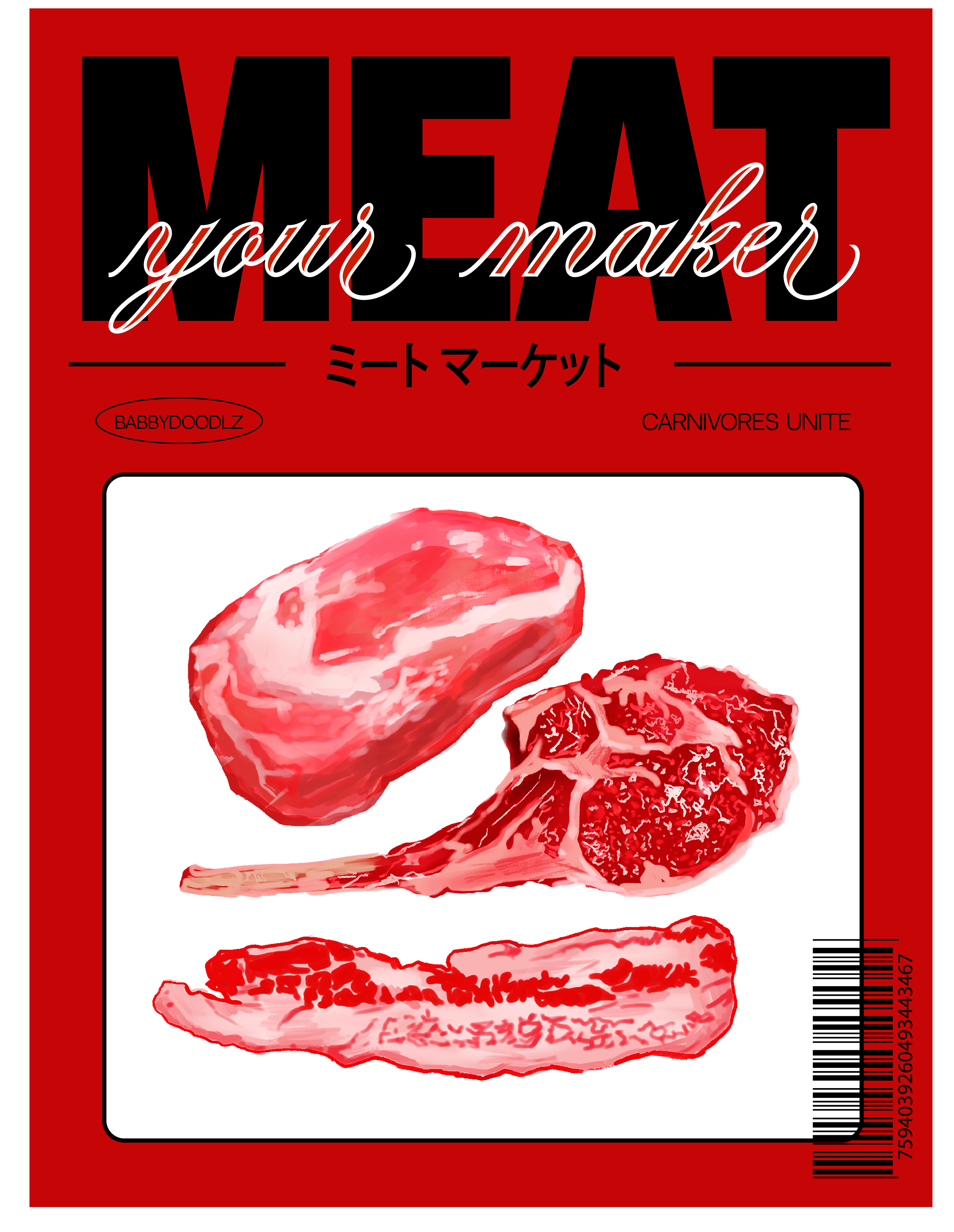 A satirical magazine cover with cuts of meat and a "Meat Your Maker" title. Below is Japanese for Meat Market