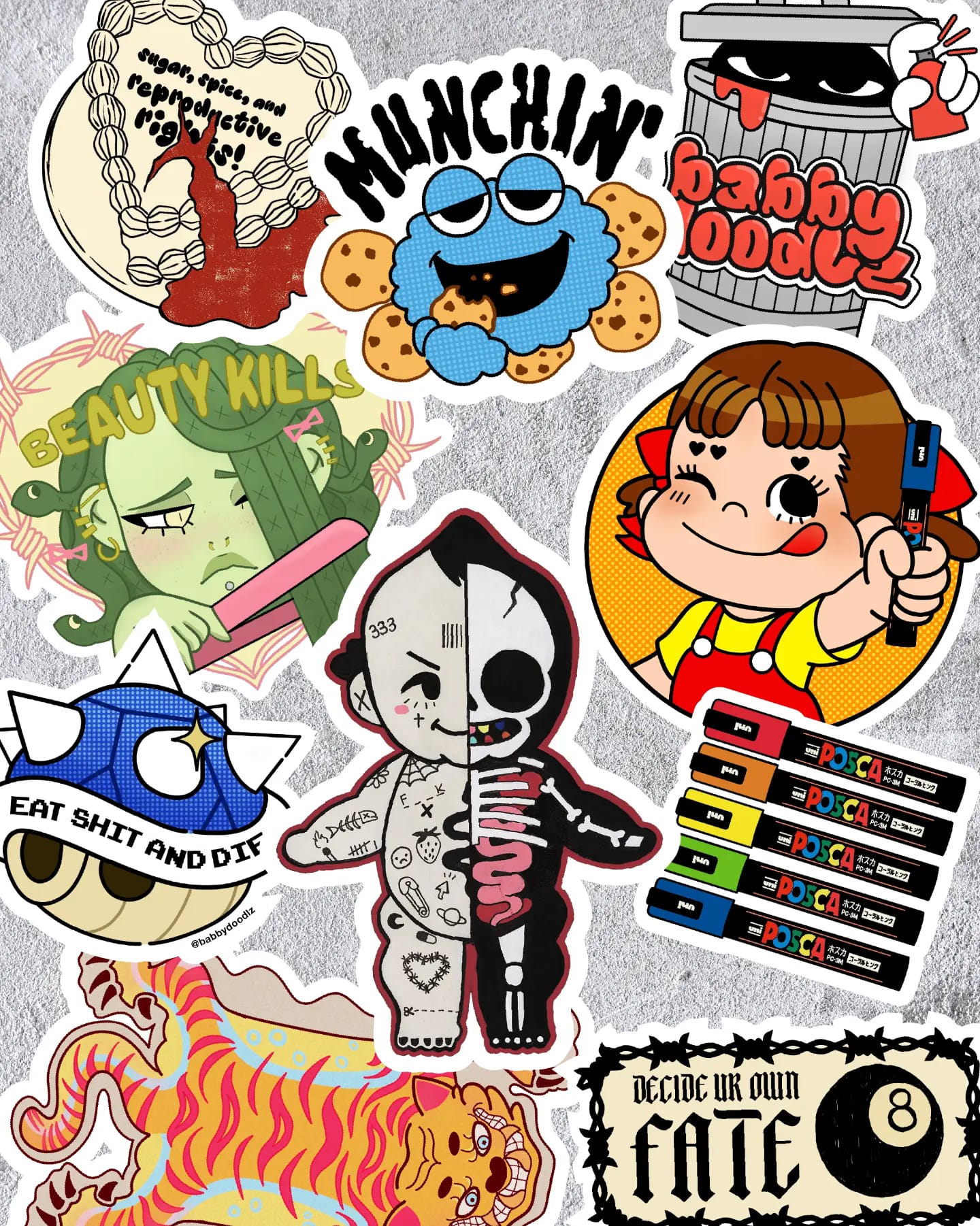 An assortment of digital sticker designs referencing pop culture and tattoo traditions.