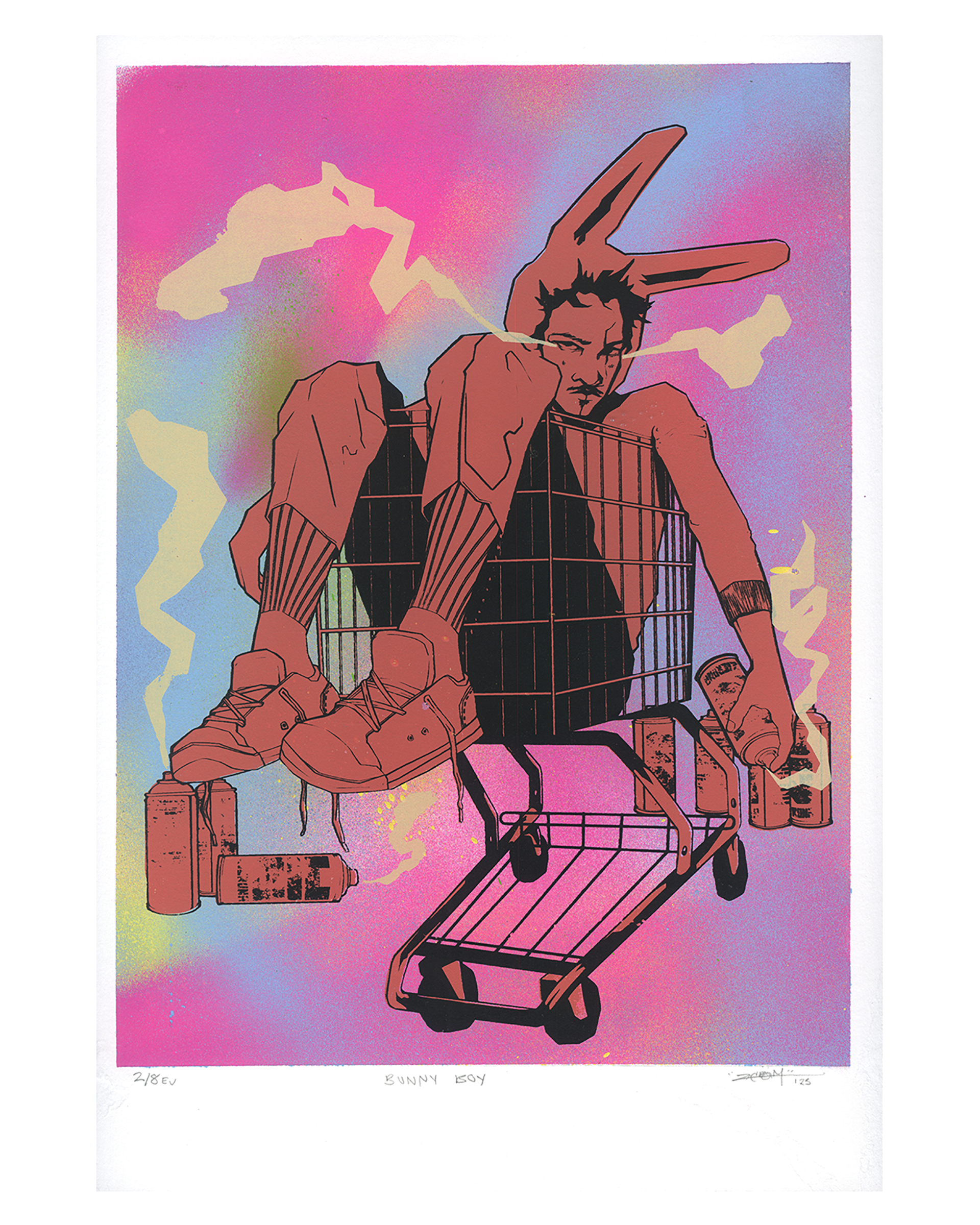 spray painted background with a figure wearing bunny ears laying in a shopping cart with spray paint cans.