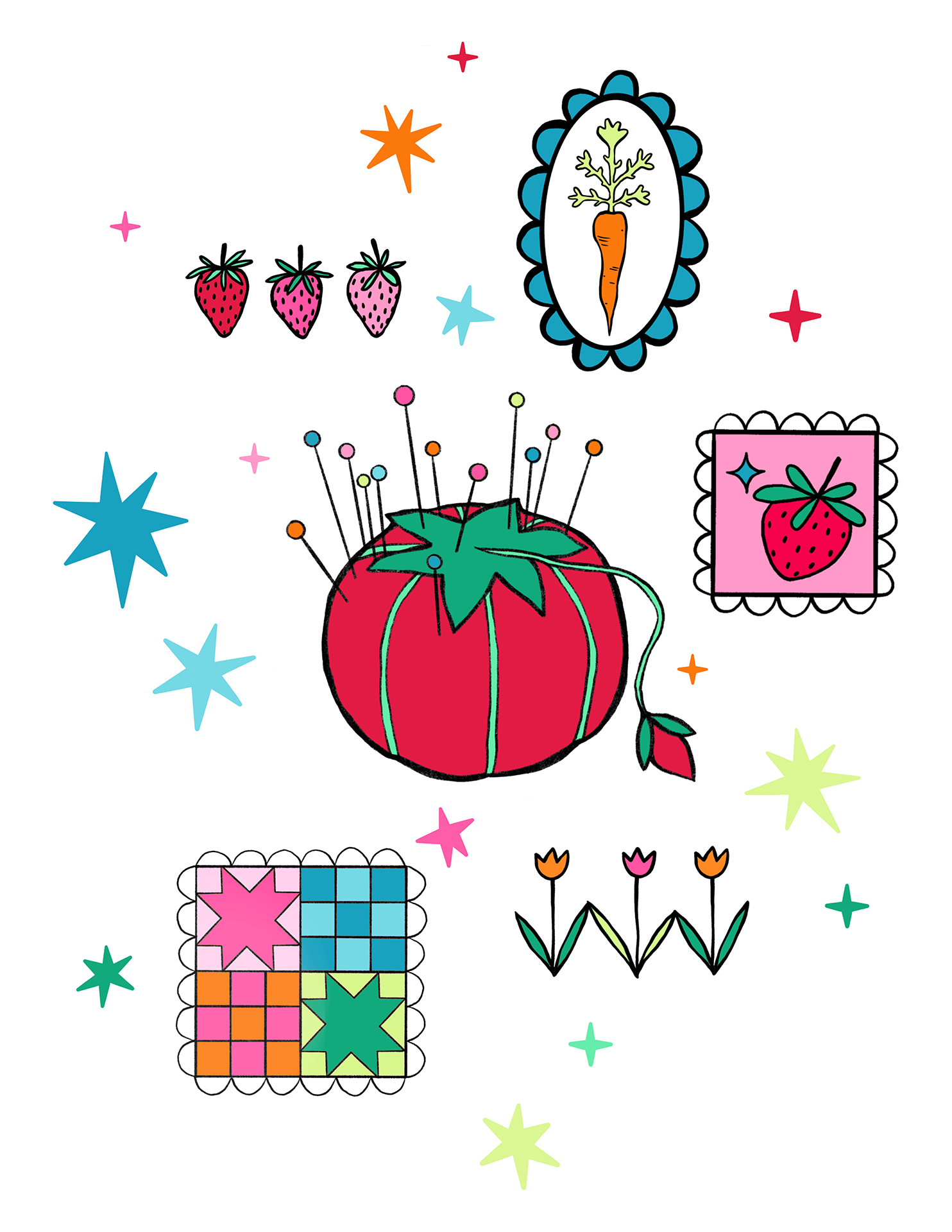 A tattoo flash sheet is populated by stars, fruit, flowers, a quilt, and a tomato pin cushion.