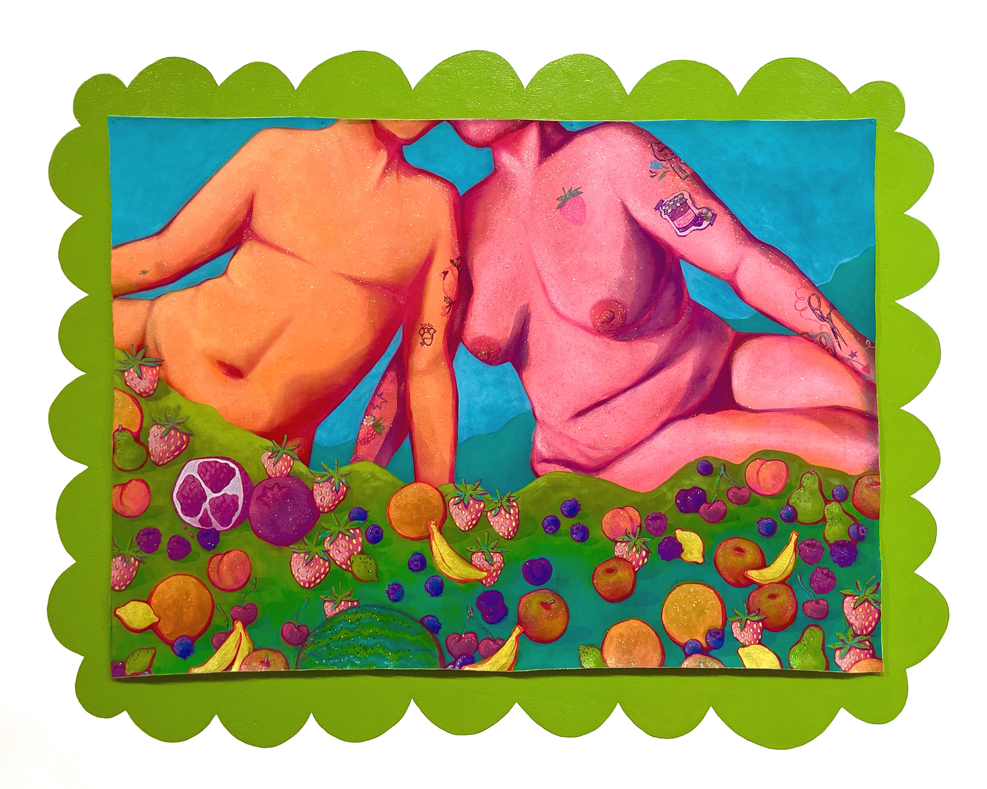 Two reclining nude figures in orange and pink sit in the background of a foreground of a rolling hill of fruit lying upon the ground. The scene is surrounded by a lime green scalloped frame painted on the wall.