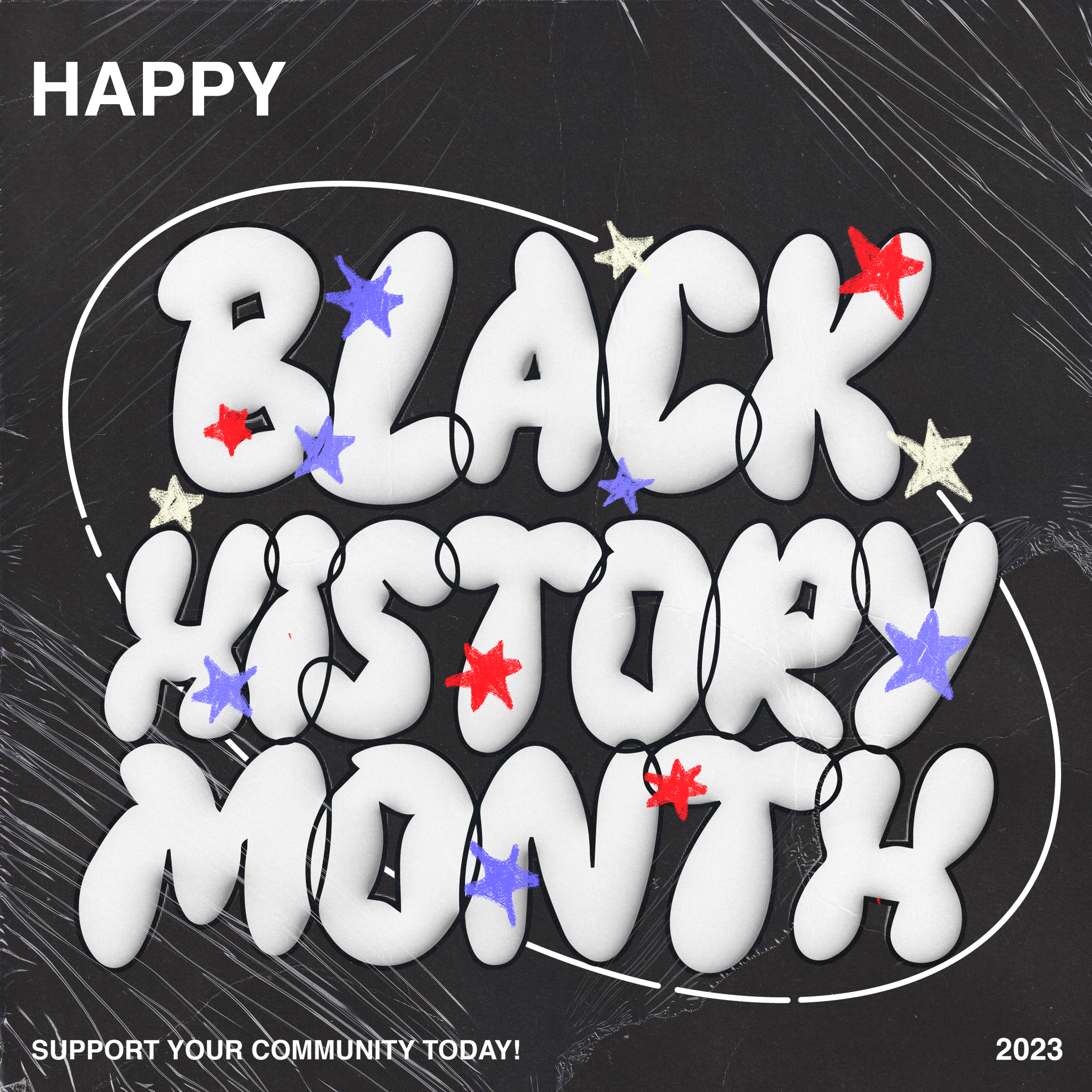 White bubble letters spell out Happy Black History Month on a distressed black background