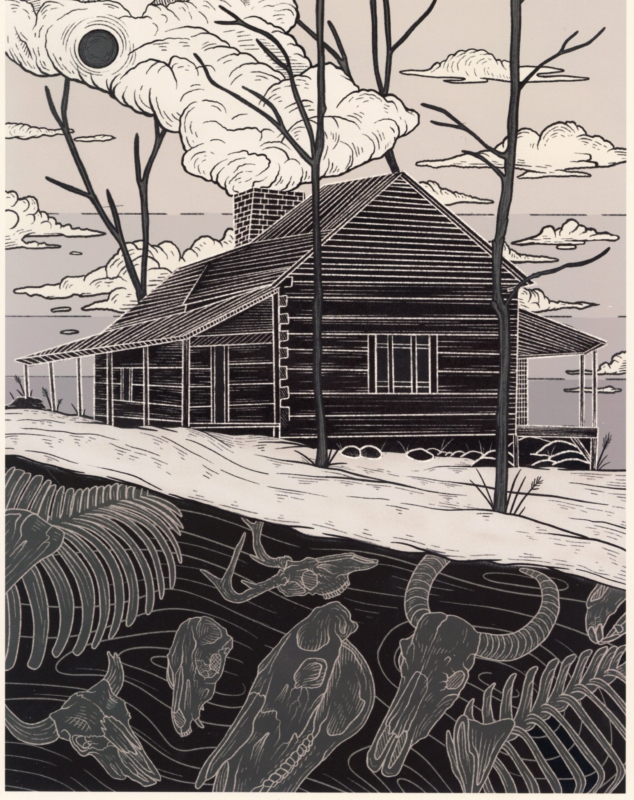 A cabin sits upon a snowy landscape. Beneath a cutaway reveals the strata of earth beneath the cabin populated by animal bones.