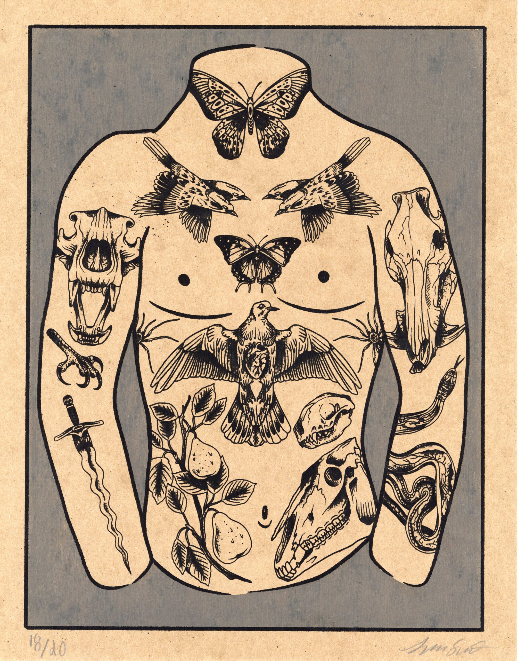 A diagrammatic torso and arms are covered in largely animal and floral tattoo designs in this screenprint