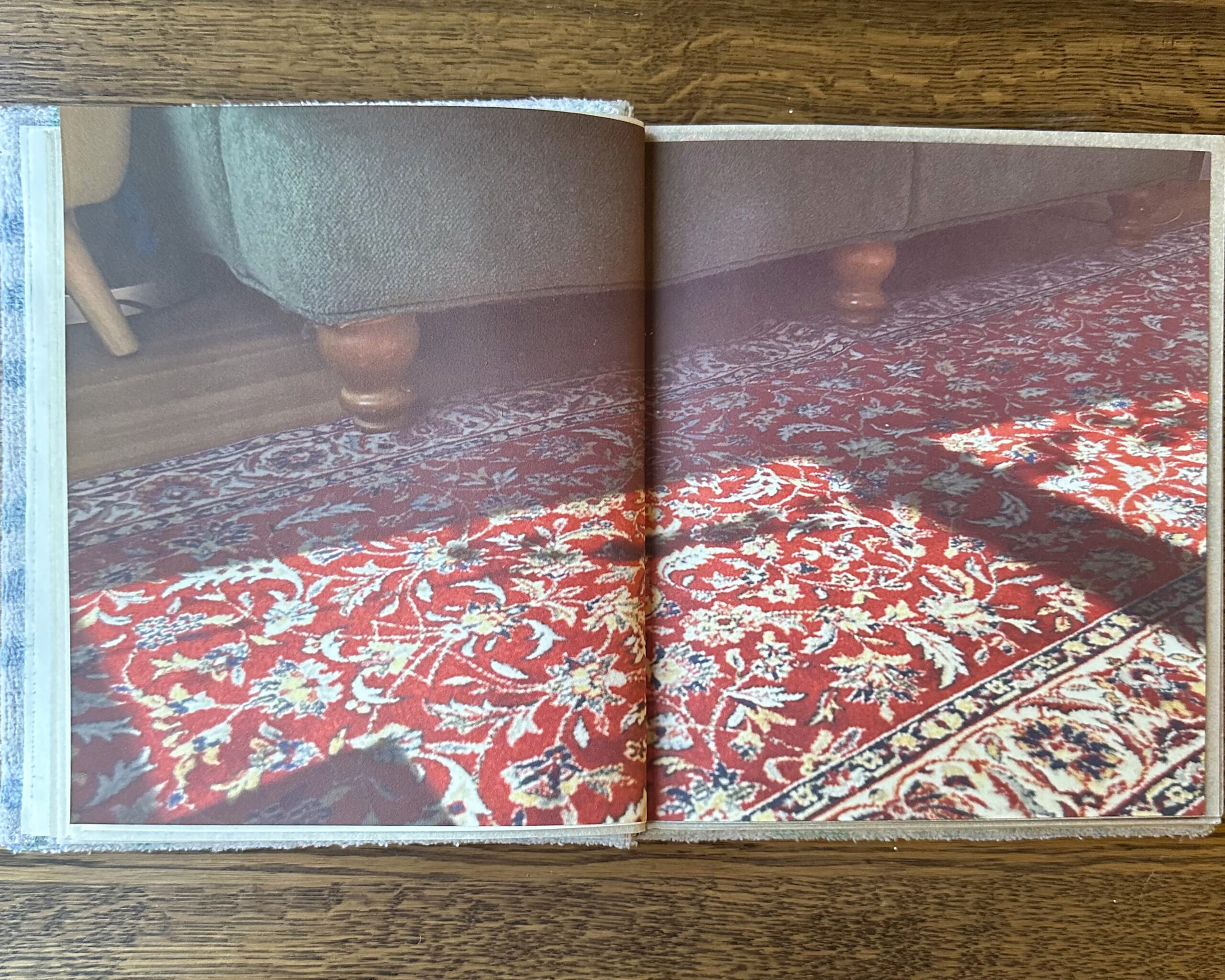 An open page of a book. Spread across both pages of the book is a photograph depicting the bottom corner of a green couch with wooden legs atop a red intricately designed rug.