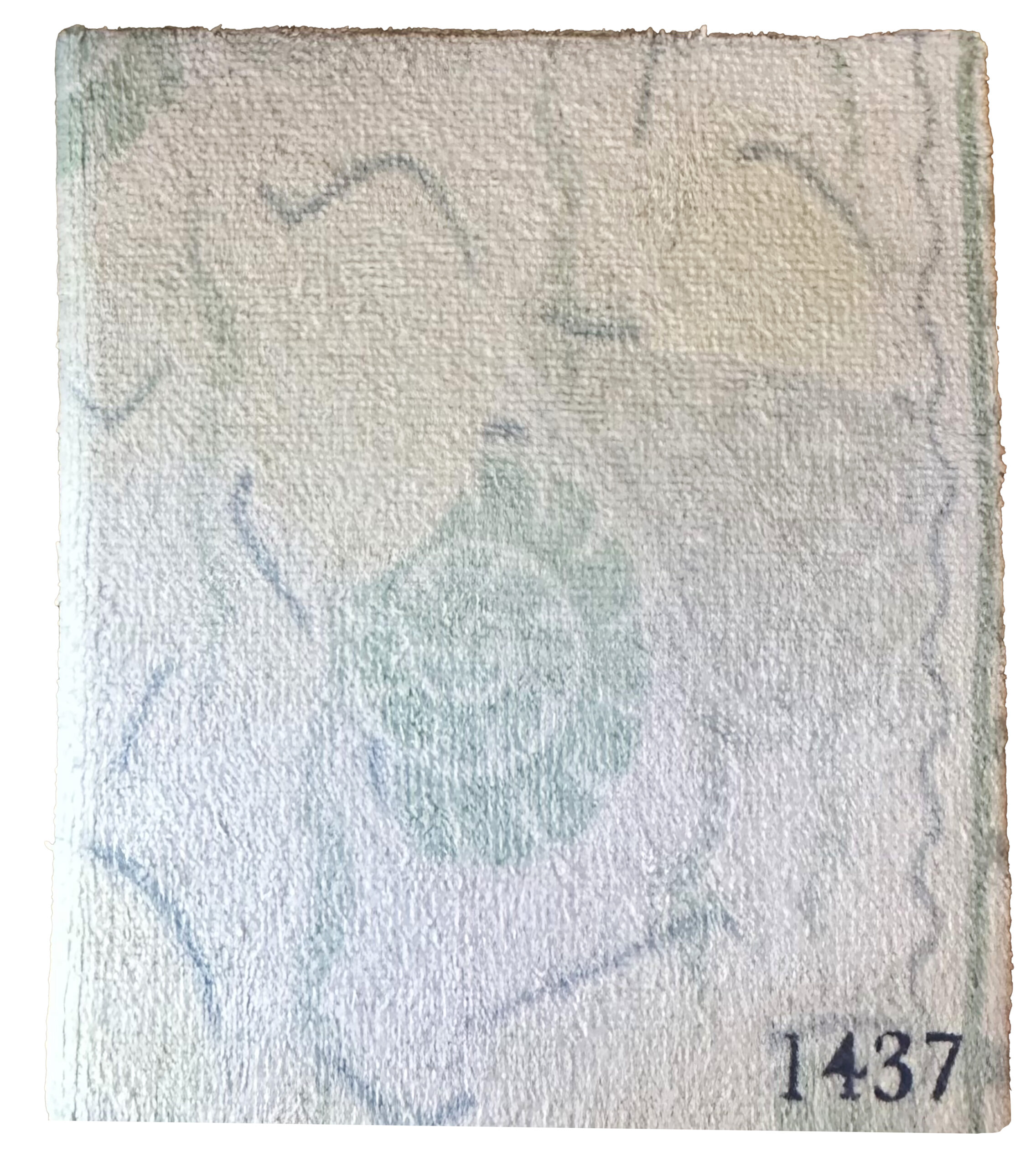 A rectangular cover of a book, bound in a blue and white abstractly patterned dishcloth. In the bottom right corner, the number 1437 is printed.