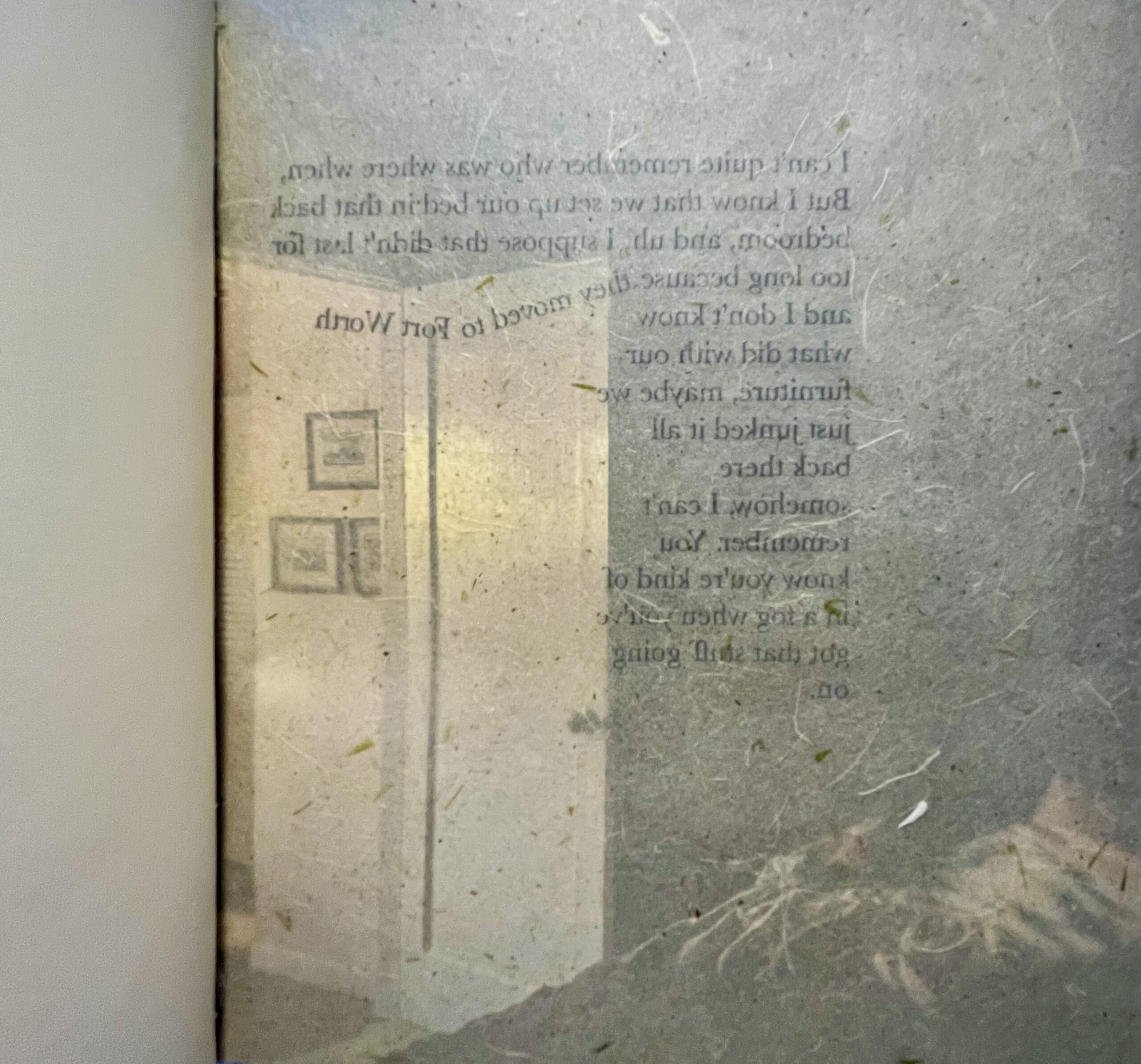 An open page of a book shows a color image of a bedroom door. A page of speckled transparent paper with text is turned on top of the image. The backward text hugs the outlines in the photograph and partially obscures them.