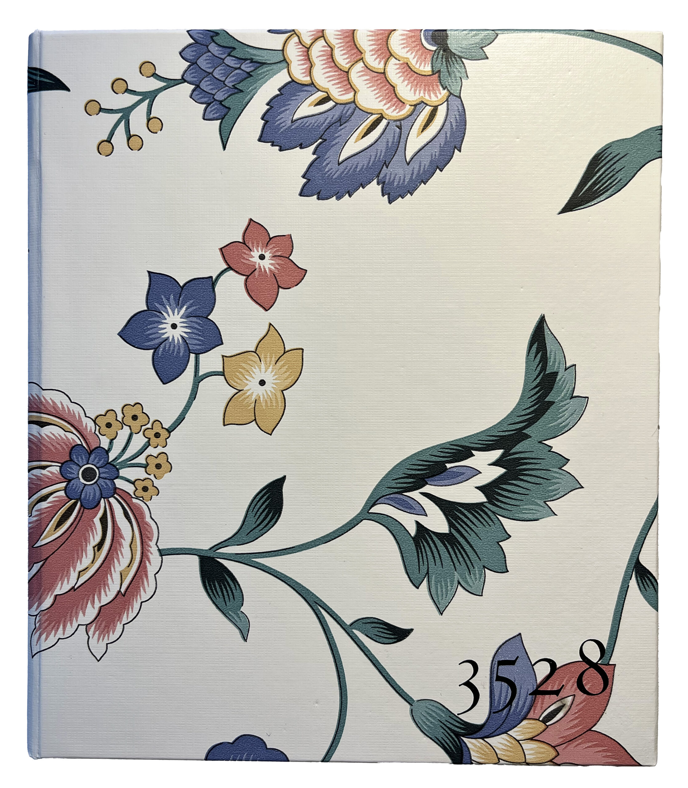 The cover of a rectangular book that is white with green, pink, blue, and yellow floral depictions. In the bottom right corner, the number 3528 is printed.