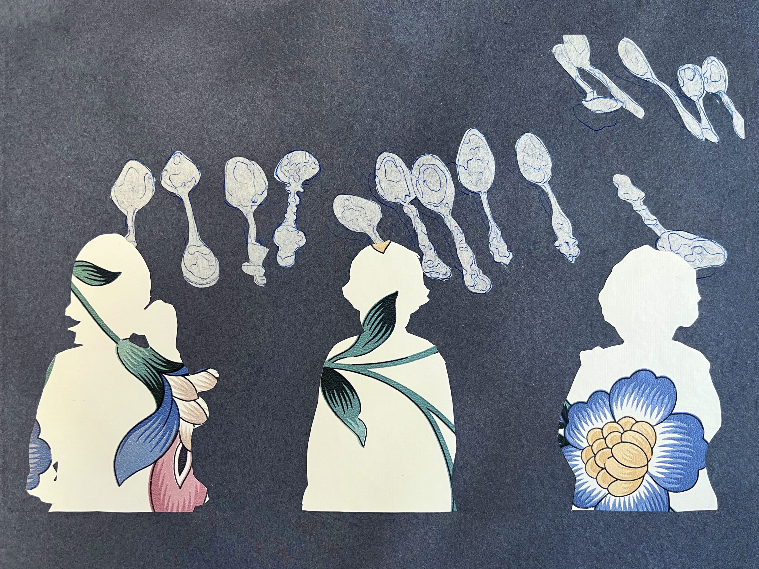 A piece of dark blue, fuzzy textured rectangular paper with white depictions of fifteen spoons. On the bottom, three pieces of floral wallpaper in the shape of silhouettes of young girls.