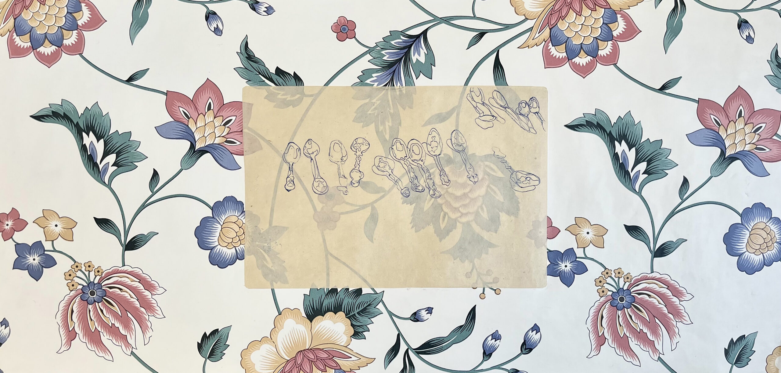 A large rectangle of floral wallpaper, in the center, a smaller tan-colored rectangle with a fine line depiction of fifteen spoons.