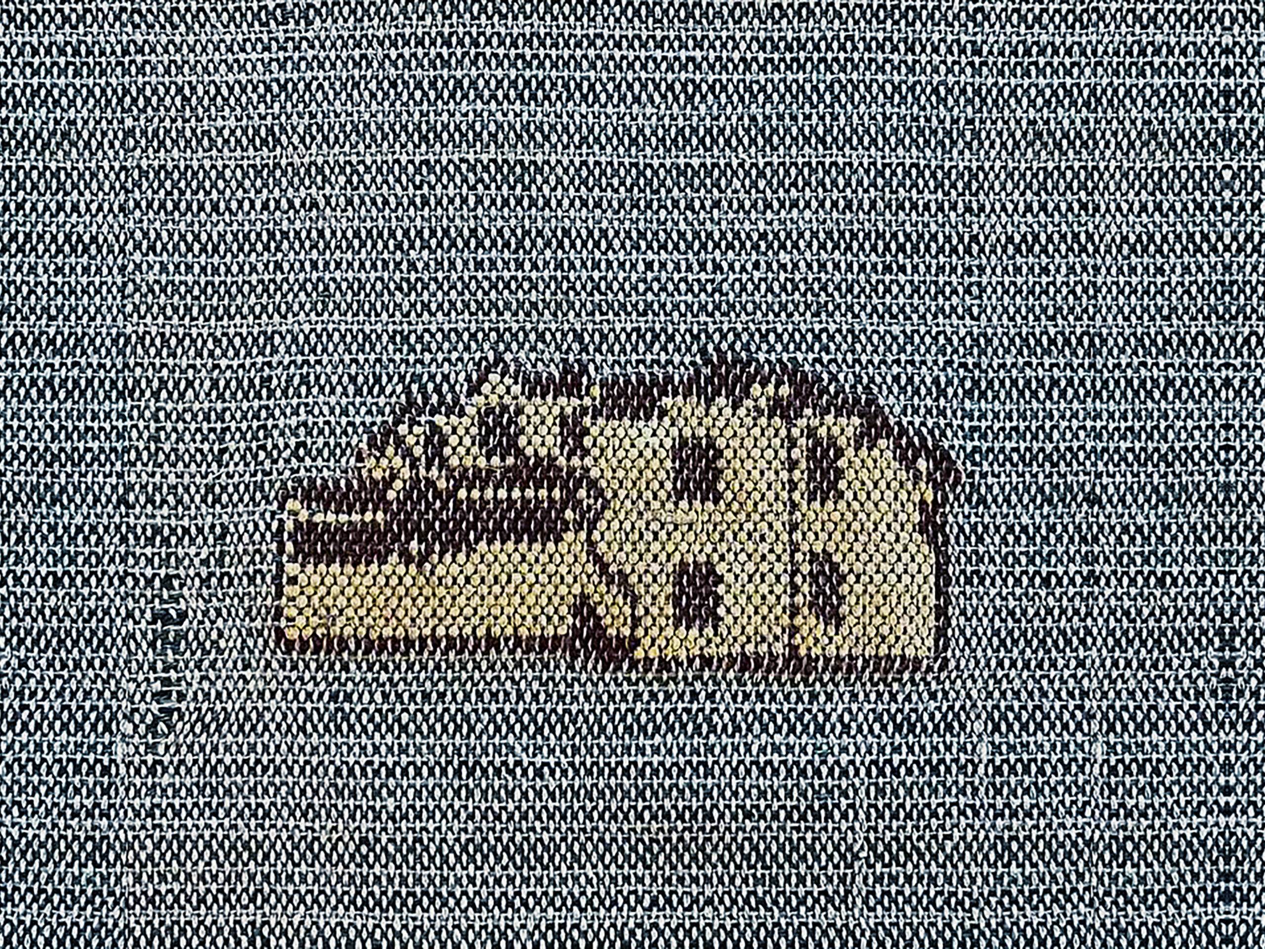 Threads of various blue hues woven together into a rectangle. In the middle of the woven rectangle is a woven image of a yellow and brown two-story home.